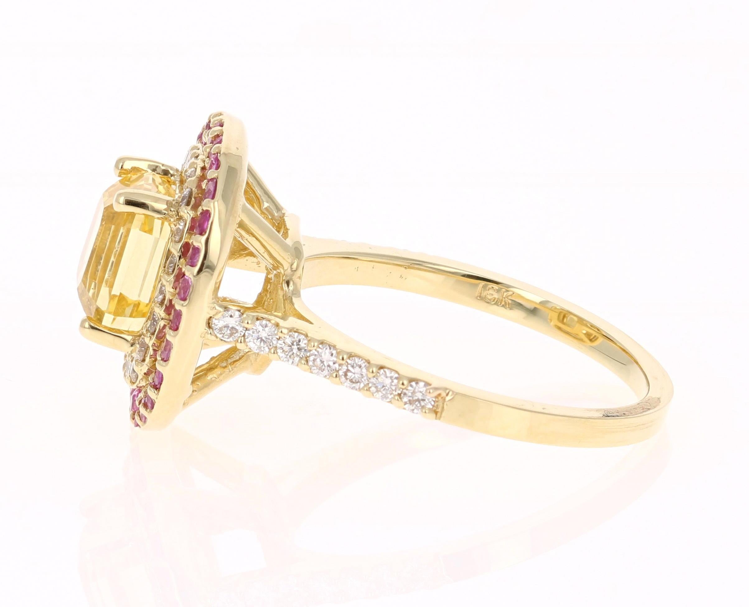 Modern 3.96 Carat GIA Certified Yellow Sapphire and Diamond 18 Karat Yellow Gold Ring