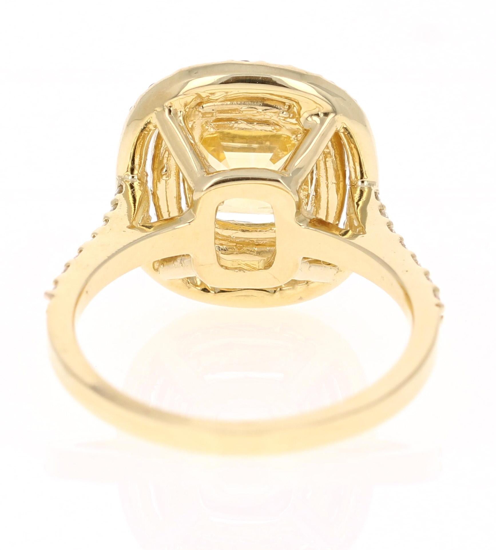 Asscher Cut 3.96 Carat GIA Certified Yellow Sapphire and Diamond 18 Karat Yellow Gold Ring