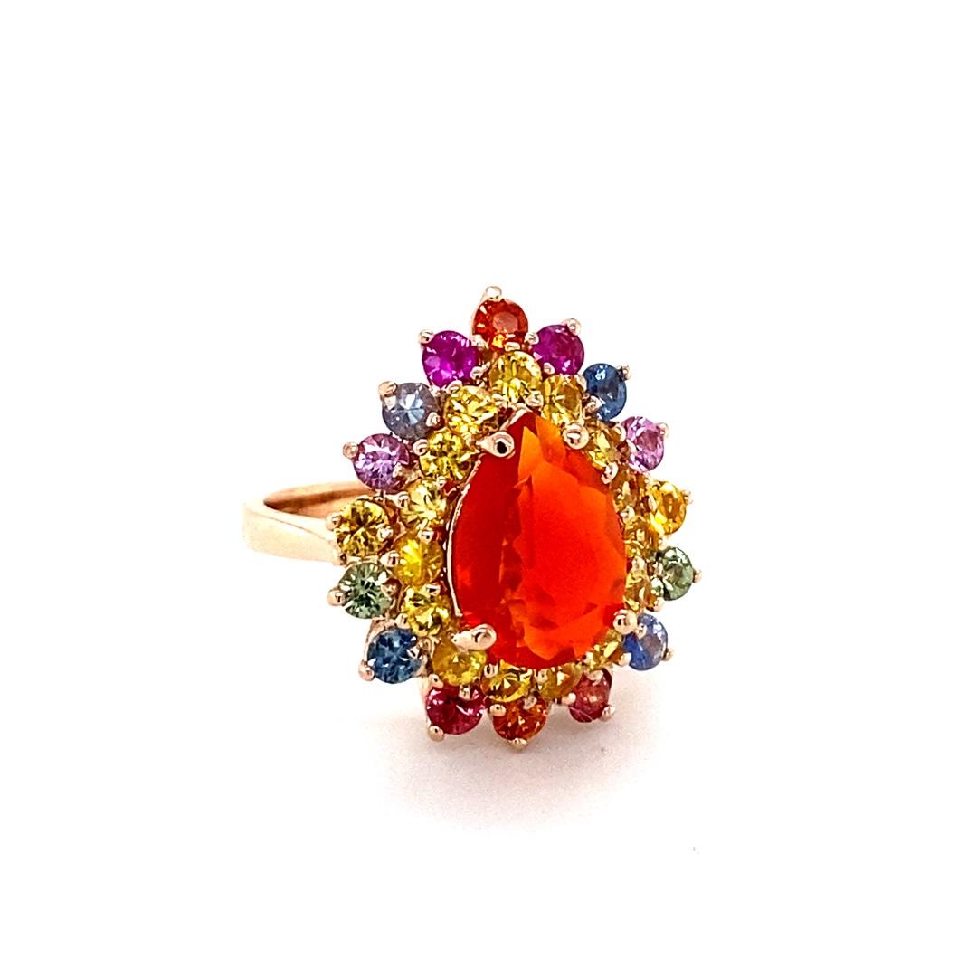Contemporary 3.96 Carat Natural Fire Opal Sapphire Rose Gold Cocktail Ring For Sale