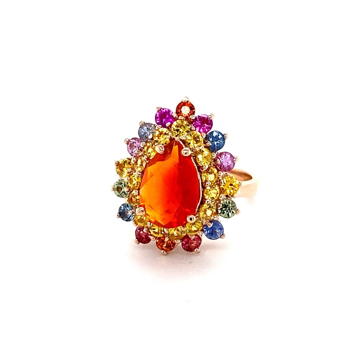 Pear Cut 3.96 Carat Natural Fire Opal Sapphire Rose Gold Cocktail Ring For Sale