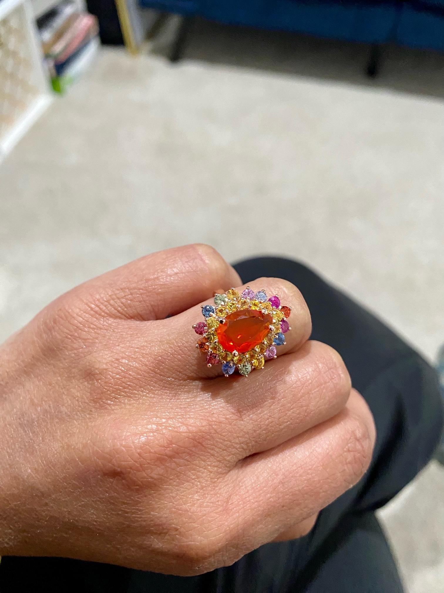 3.96 Carat Natural Fire Opal Sapphire Rose Gold Cocktail Ring In New Condition For Sale In Los Angeles, CA