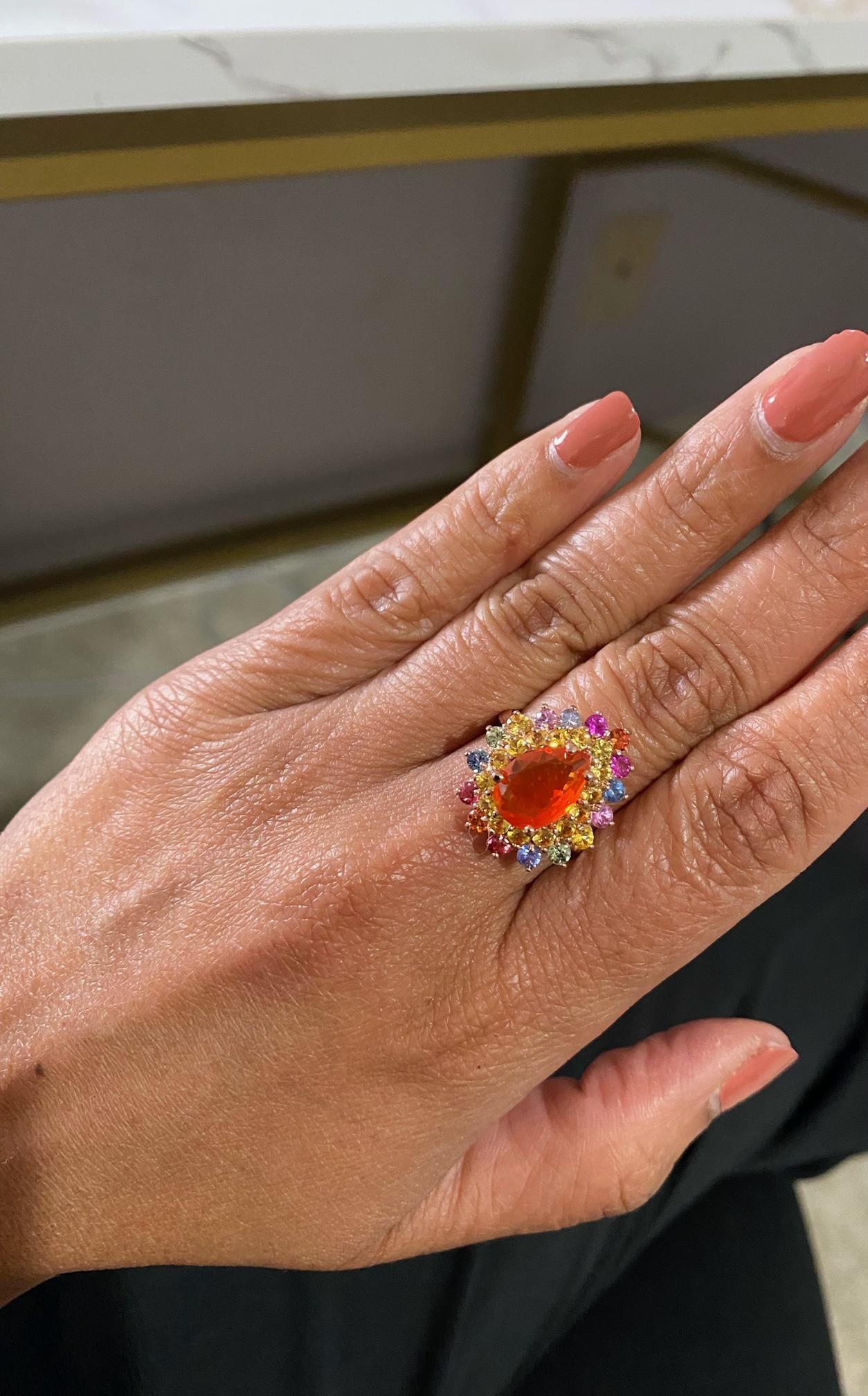 3.96 Carat Natural Fire Opal Sapphire Rose Gold Cocktail Ring For Sale 1