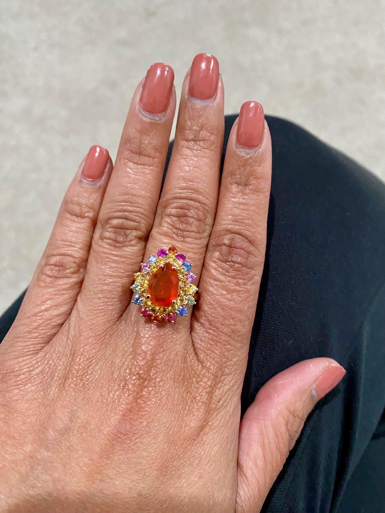 3.96 Carat Natural Fire Opal Sapphire Rose Gold Cocktail Ring For Sale 2