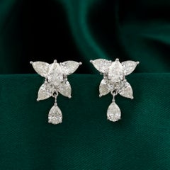 3.96 Carat Natural Pear Shape Diamond Cluster Drop Earrings in 18K White Gold