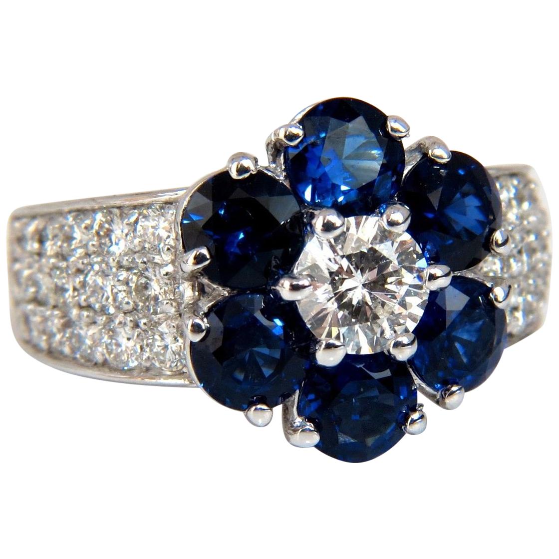 3.96 Carat Natural Sapphires Diamond Cluster Ring 14 Karat Royal Blue Floretta