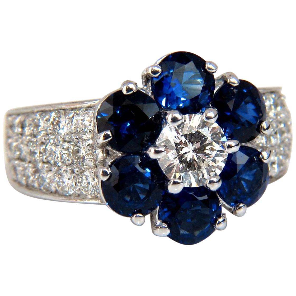 3.96 Carat Natural Sapphires Diamond Cluster Ring 14 Karat Royal Blue Floretta For Sale