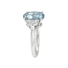 3.96 Carat Oval Aquamarine Engagement Ring Platinum Three Stone Ring - GIA