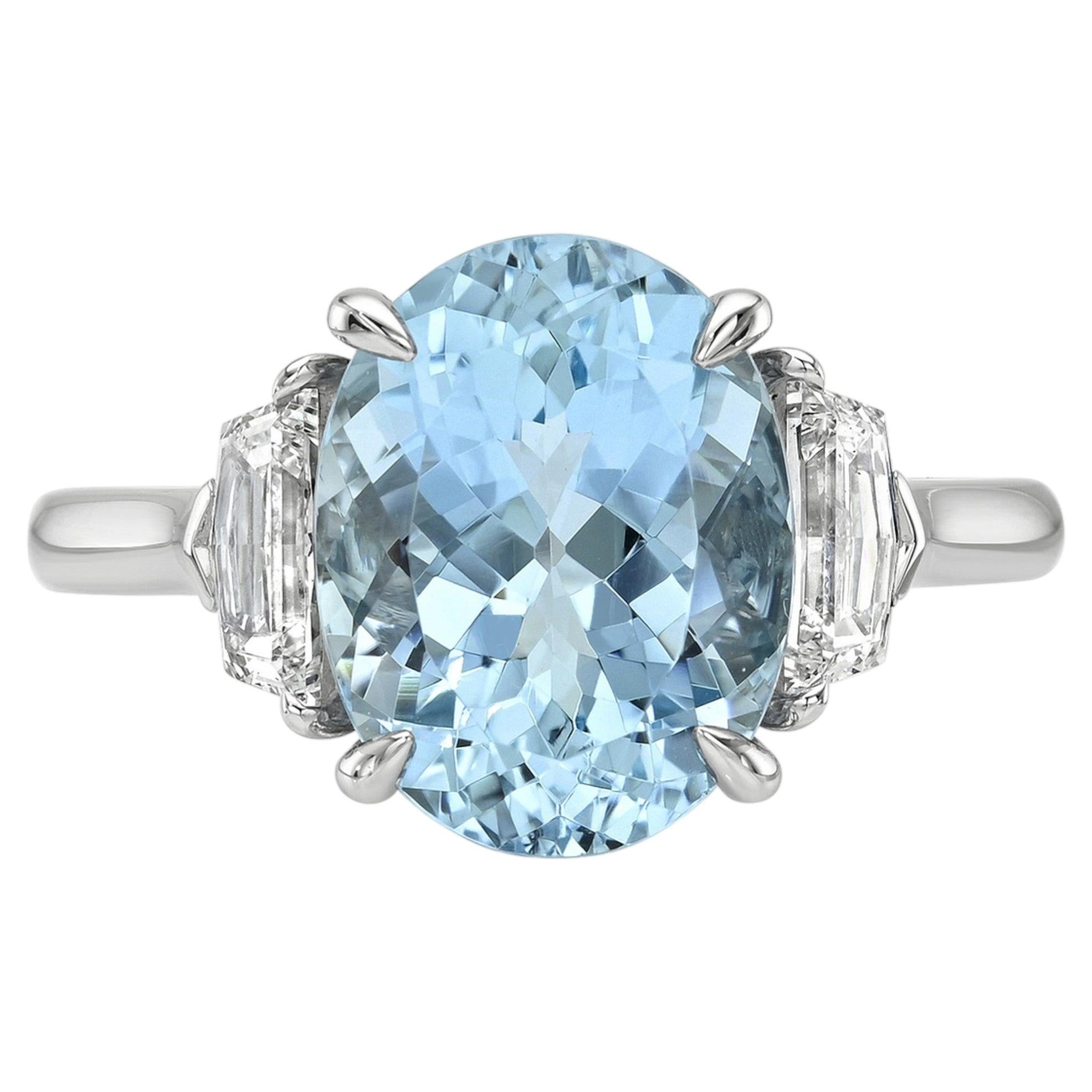 3.96 Carat Oval Aquamarine Diamond Three Stone Alternative Engagement Ring For Sale