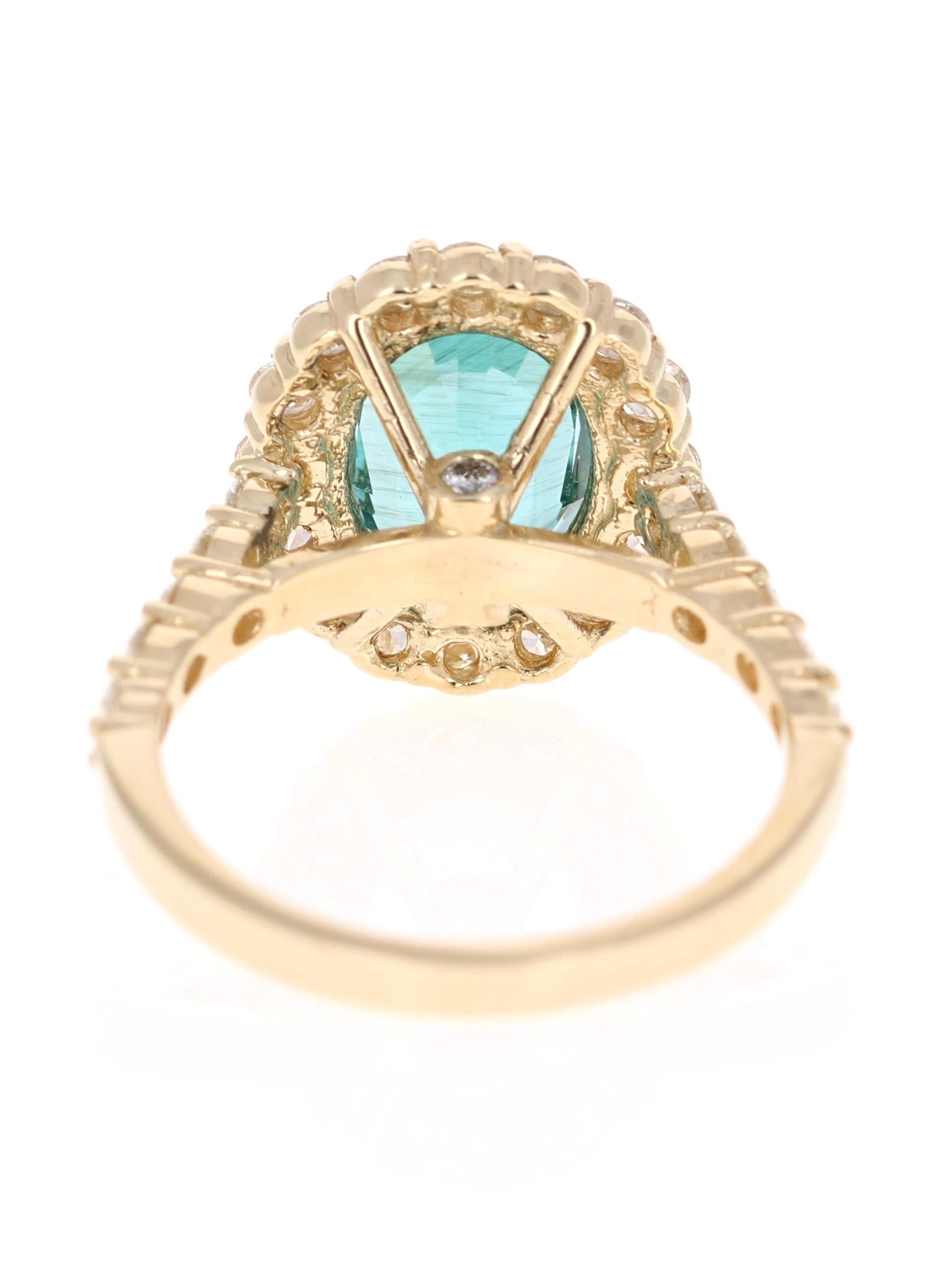 Oval Cut 3.96 Carat Apatite Diamond Yellow Gold Ring For Sale