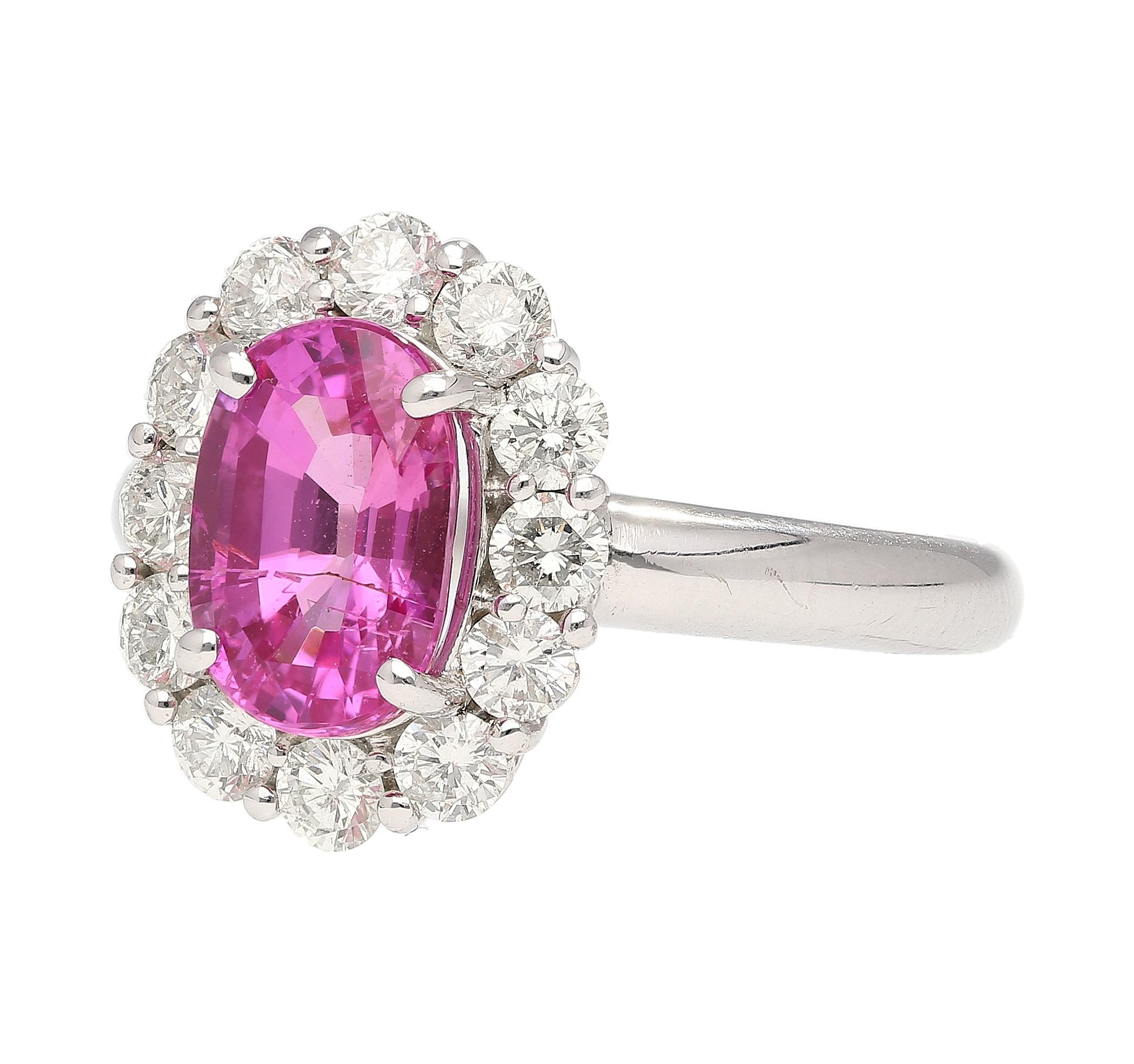 Art Deco 3.96 Carat Oval Cut Pink Sapphire and Diamond Halo Ring in 18k White Gold For Sale
