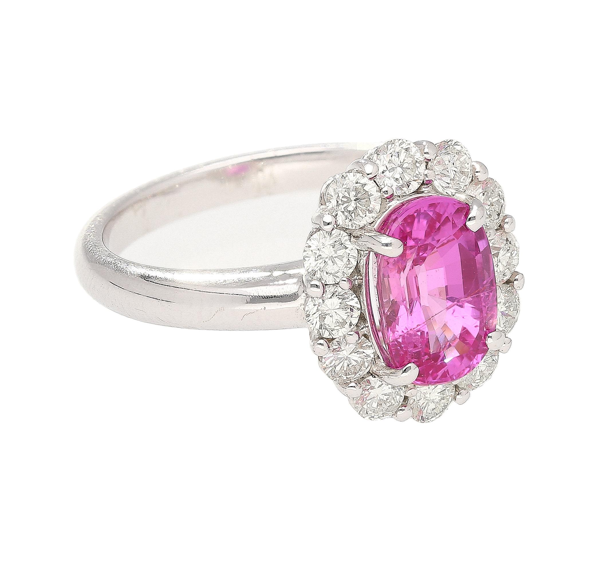 3.96 Carat Oval Cut Pink Sapphire and Diamond Halo Ring in 18k White Gold In New Condition For Sale In Miami, FL