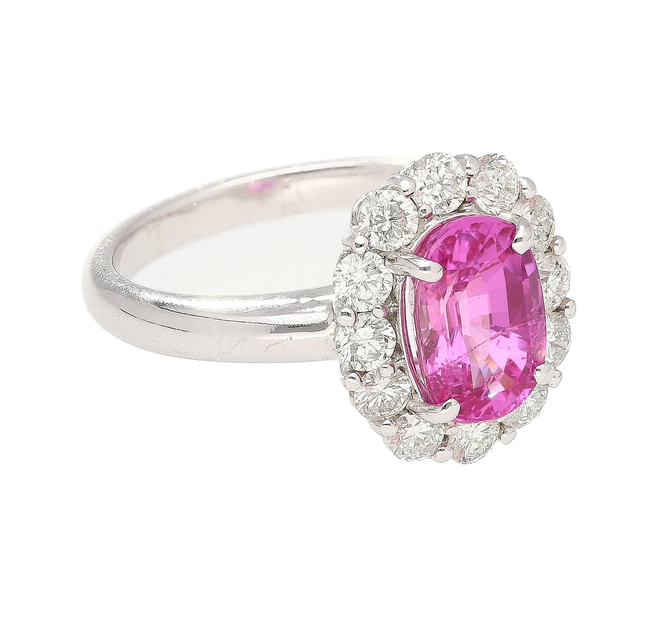 3.96 Carat Oval Cut Pink Sapphire and Diamond Halo Ring in 18k White Gold In New Condition In Miami, FL