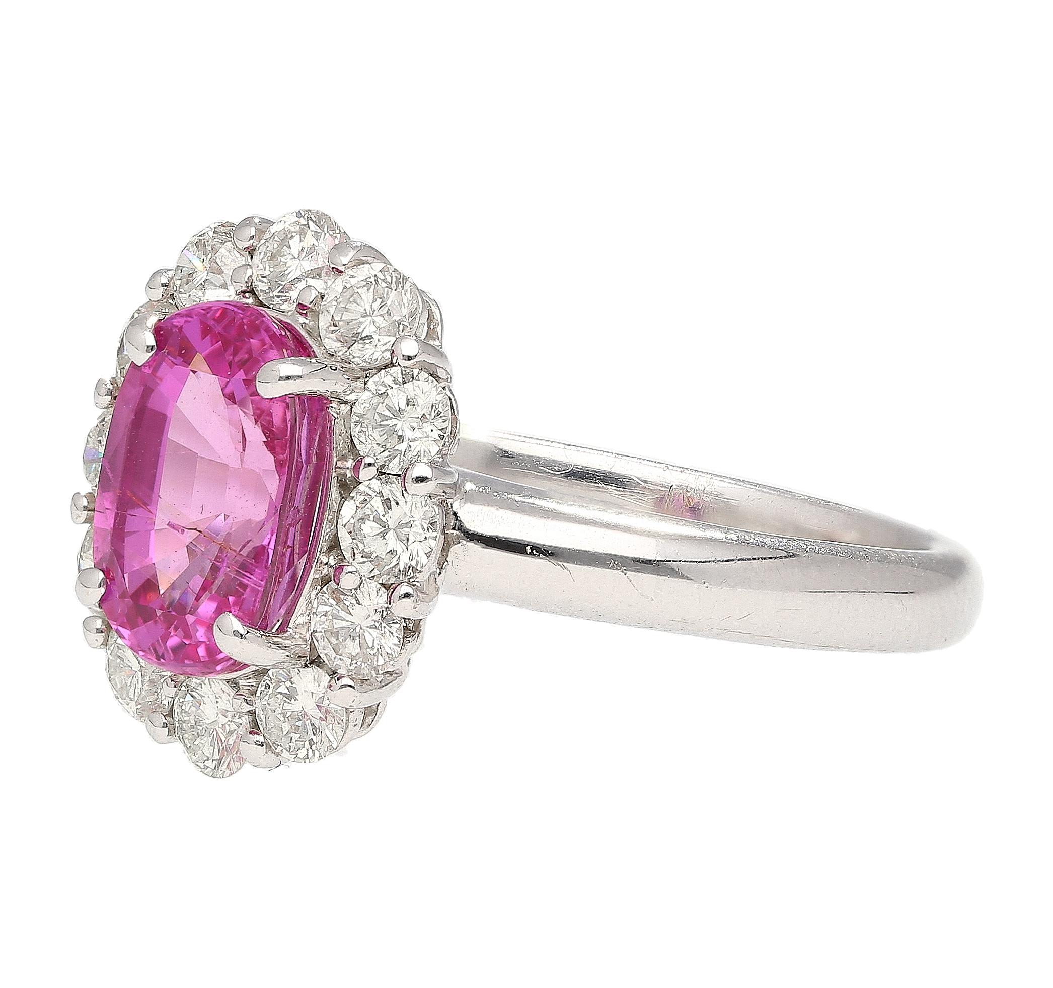 Women's 3.96 Carat Oval Cut Pink Sapphire and Diamond Halo Ring in 18k White Gold For Sale