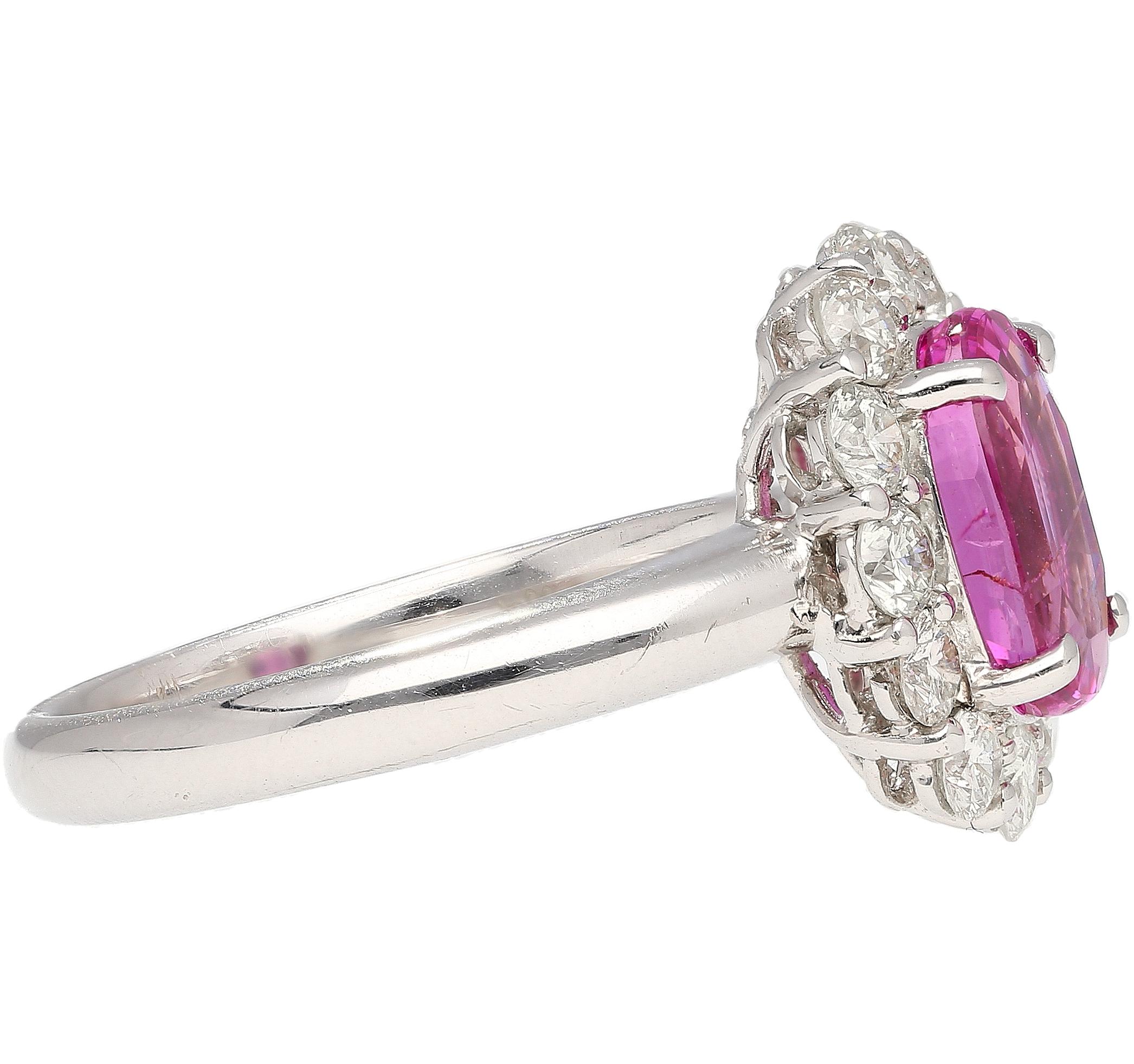3.96 Carat Oval Cut Pink Sapphire and Diamond Halo Ring in 18k White Gold For Sale 1