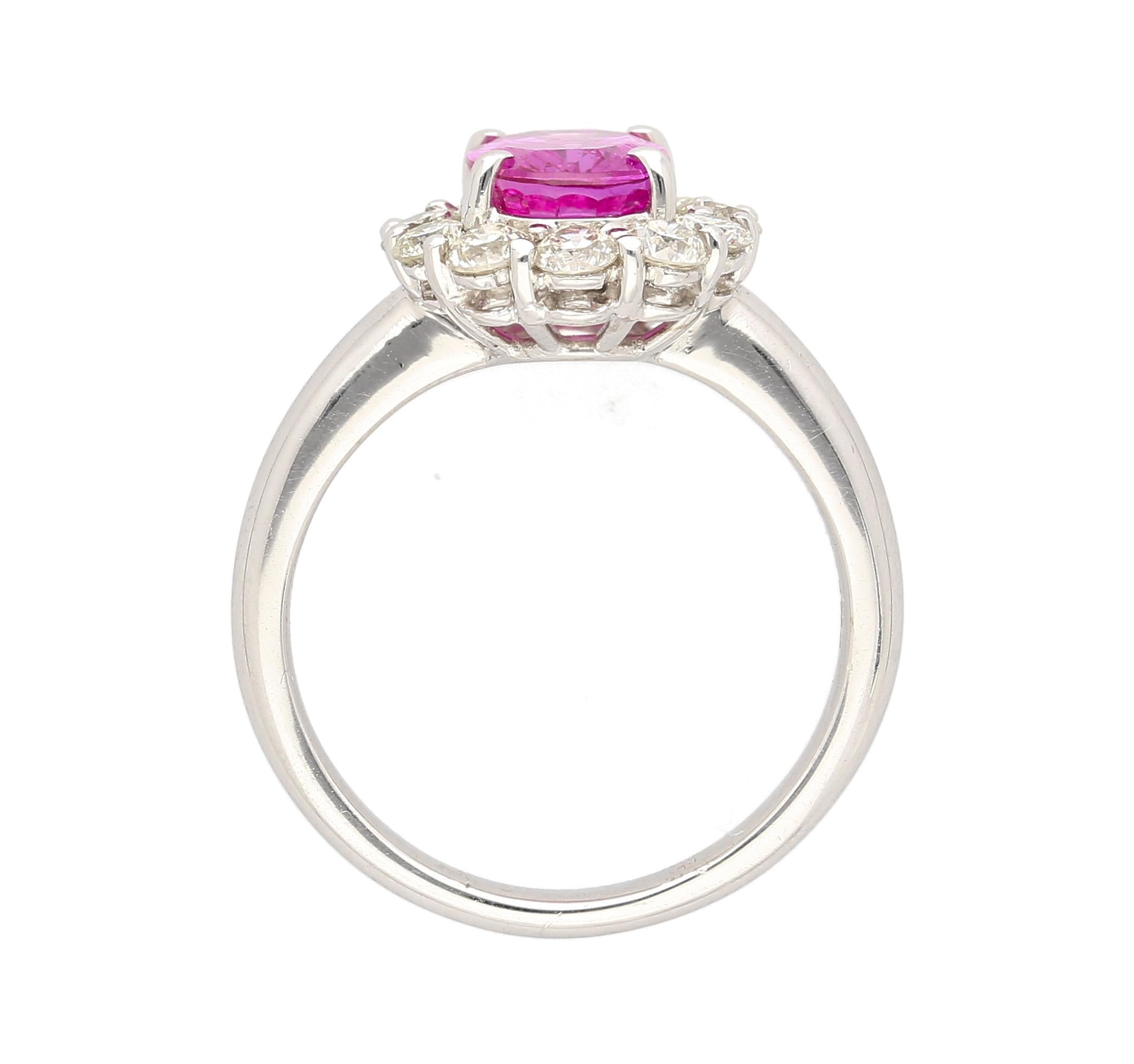 3.96 Carat Oval Cut Pink Sapphire and Diamond Halo Ring in 18k White Gold For Sale 2