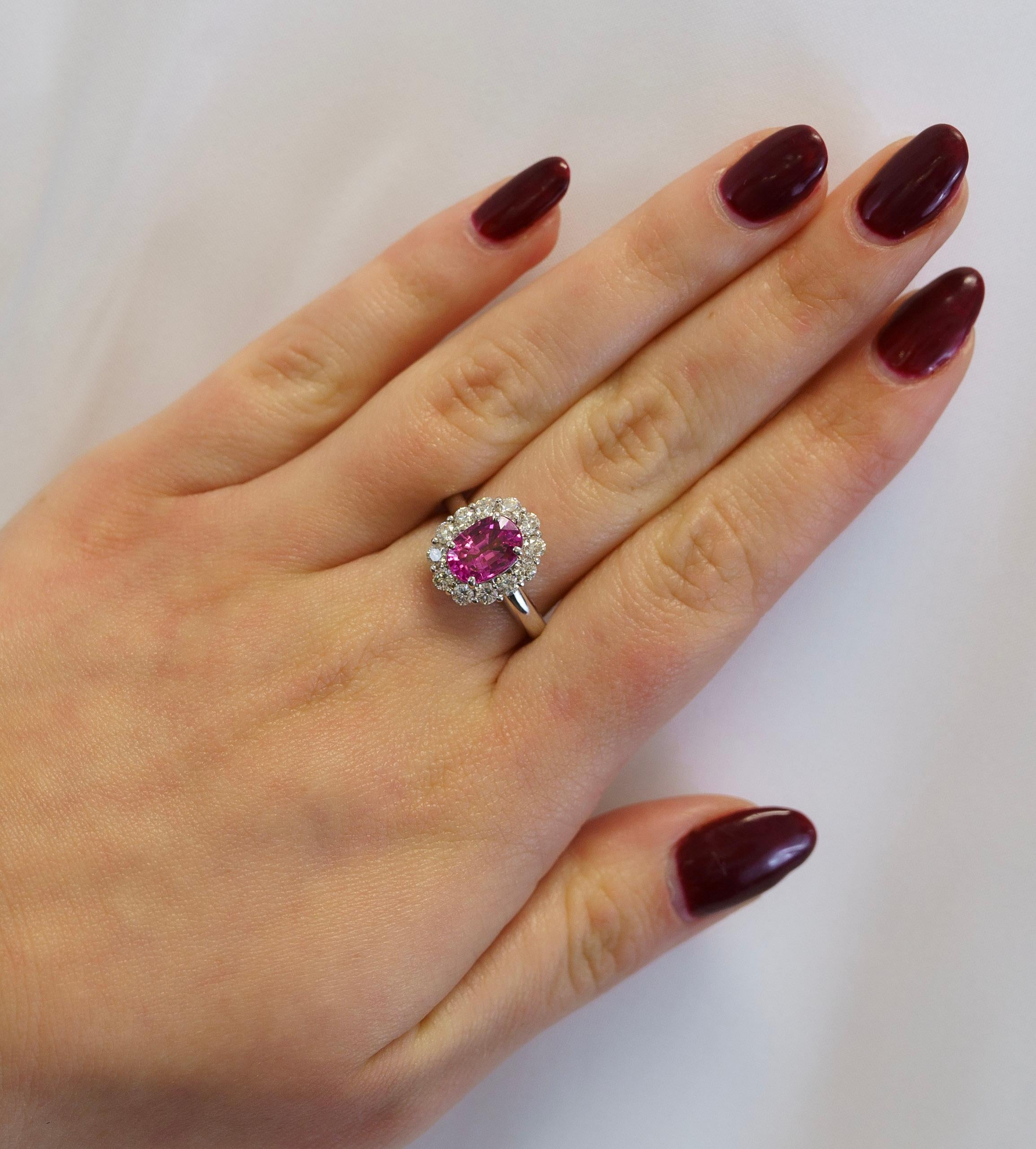 3.96 Carat Oval Cut Pink Sapphire and Diamond Halo Ring in 18k White Gold For Sale 3