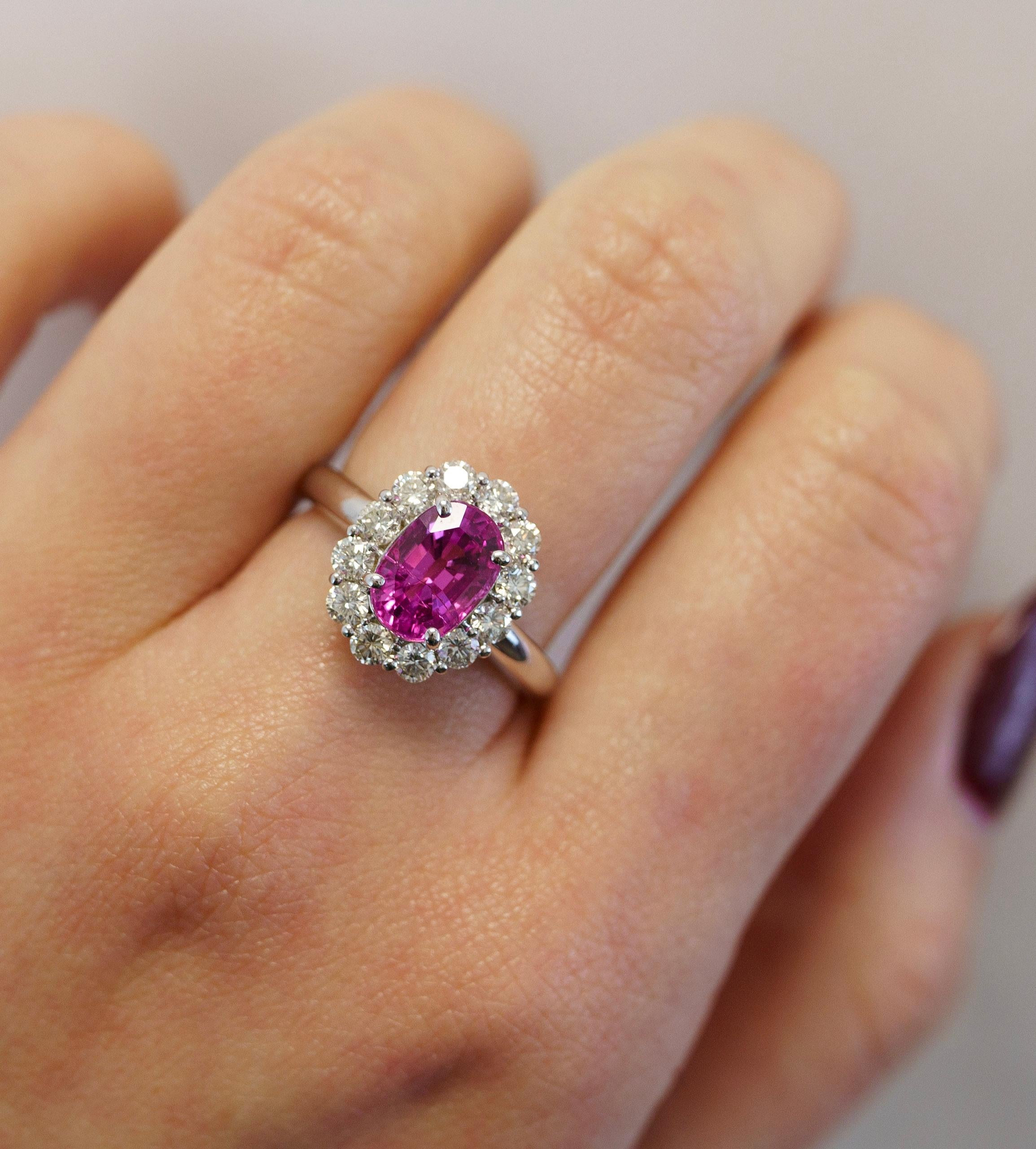 3.96 Carat Oval Cut Pink Sapphire and Diamond Halo Ring in 18k White Gold For Sale 4