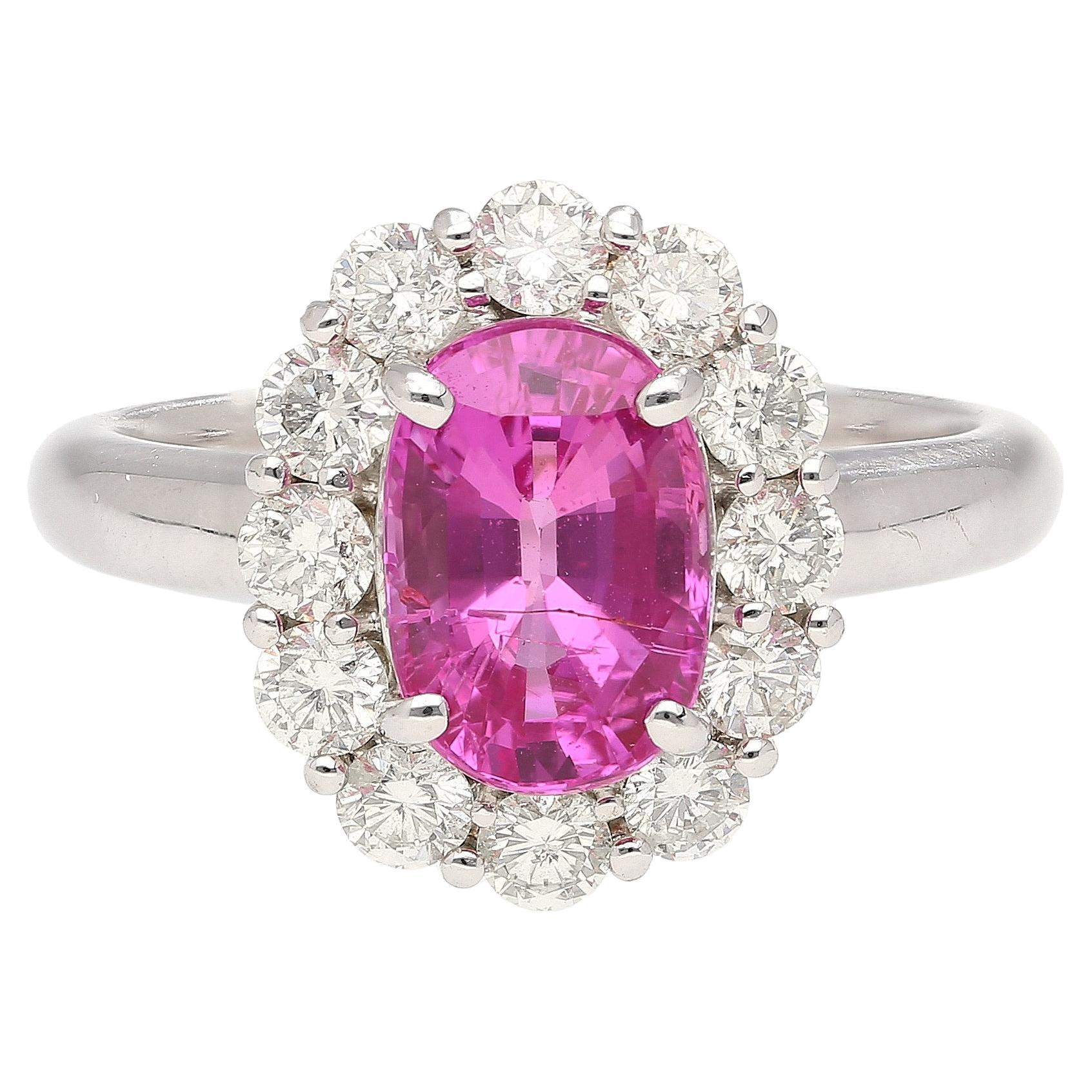 3.96 Carat Oval Cut Pink Sapphire and Diamond Halo Ring in 18k White Gold
