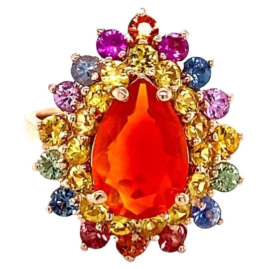3.96 Carat Pear Cut Natural Fire Opal Sapphire Rose Gold Cocktail Ring