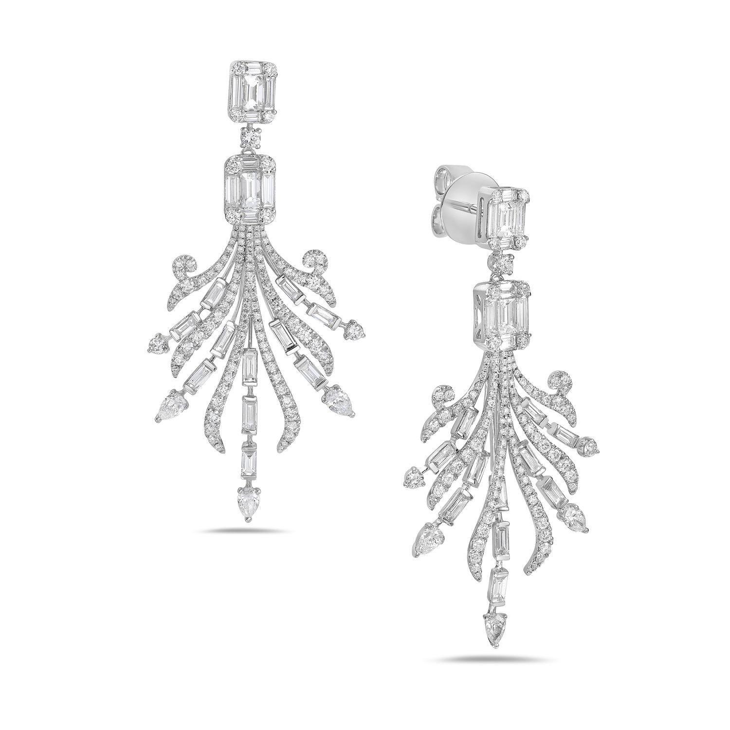 Contemporary 3.96 Ct Diamond Floral Dangle Earrings Made In 18k White Gold For Sale