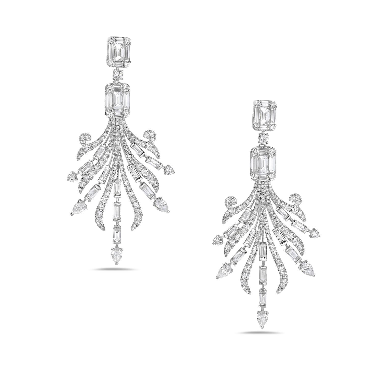Mixed Cut 3.96 Ct Diamond Floral Dangle Earrings Made In 18k White Gold For Sale