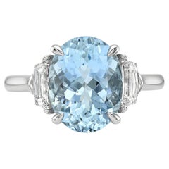 Bague de fiançailles à trois pierres en platine avec aigue-marine ovale et diamant de 3(96) ct - GIA