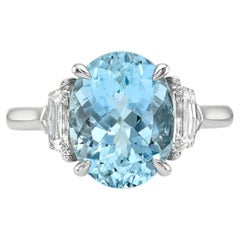 3.96 Ct Oval Aquamarine and Diamond Three-Stone Platinum Engagement Ring - GIA