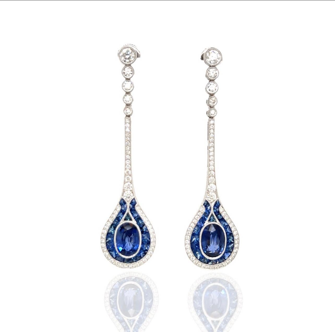 Round Cut 3.96 Ct Oval Sapphire and Diamond Drop Earrings For Sale