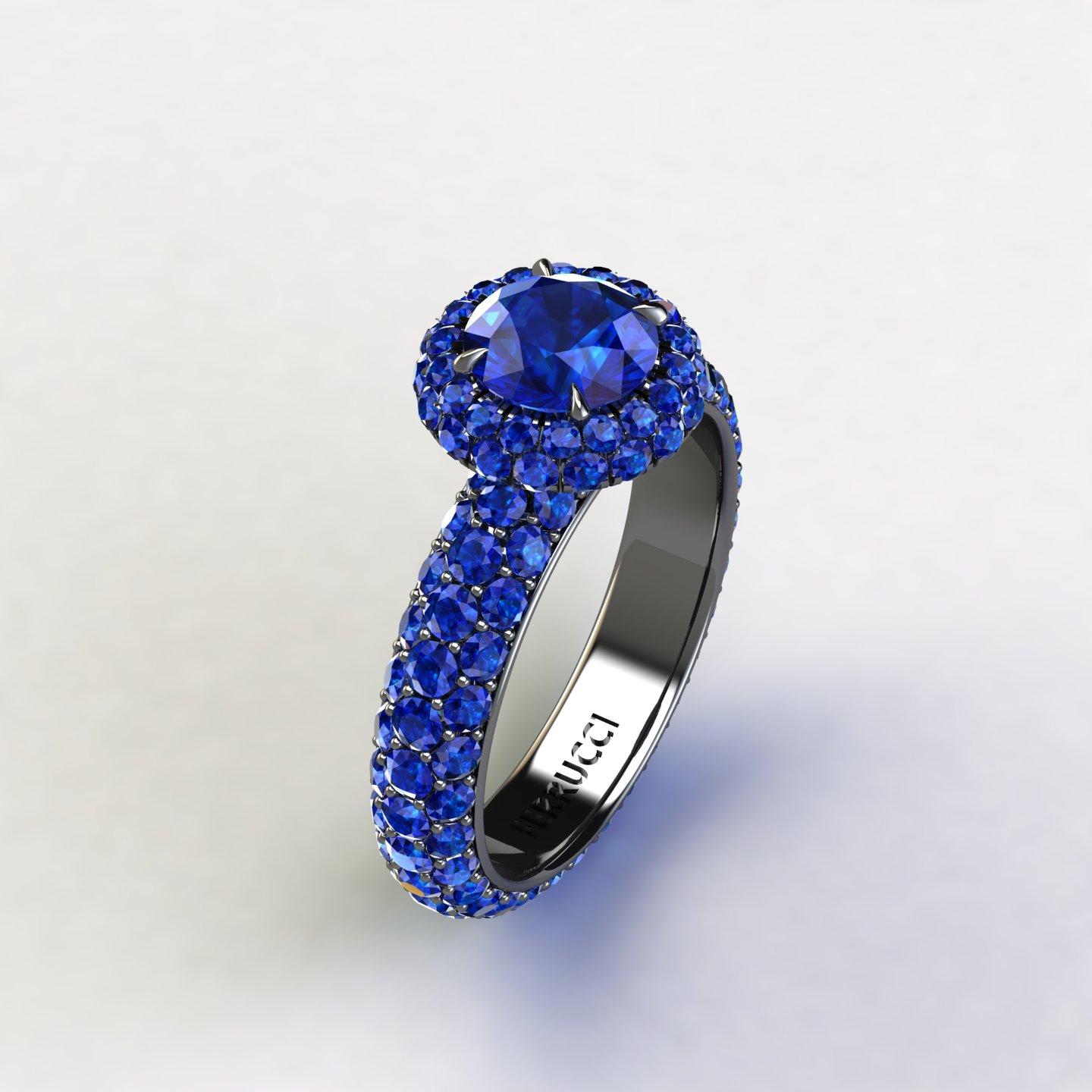 Art Nouveau 3.96 Ct Round Blue Sapphire with Sapphire Halo 18k Black Gold Eternity Pave Ring For Sale