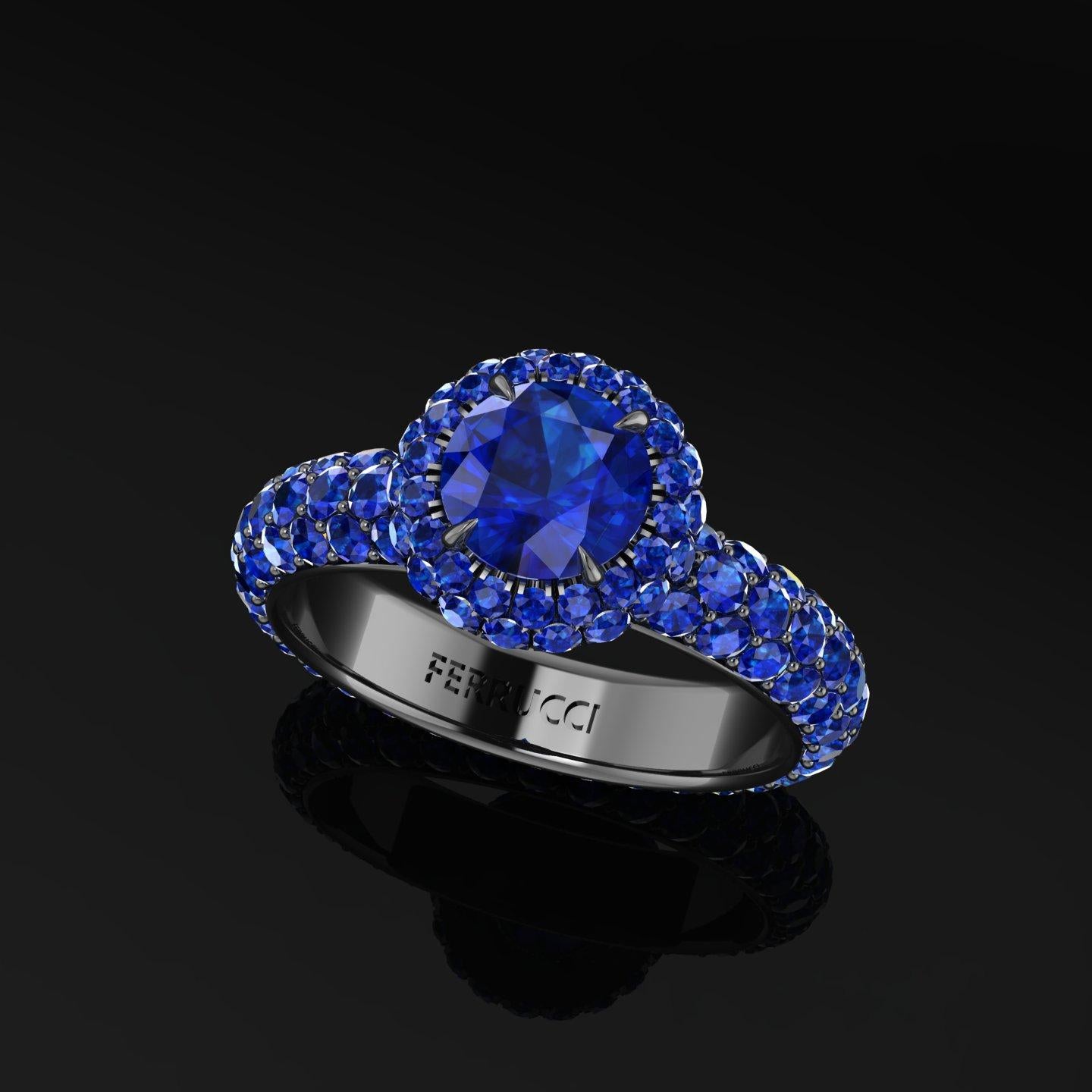 Round Cut 3.96 Ct Round Blue Sapphire with Sapphire Halo 18k Black Gold Eternity Pave Ring For Sale