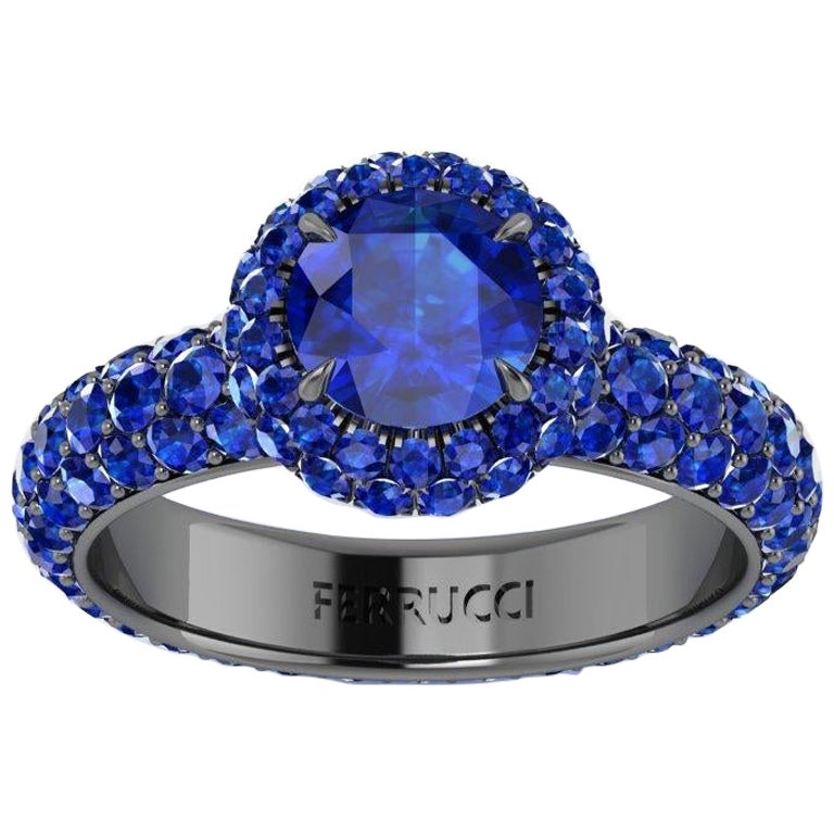 3.96 Ct Round Blue Sapphire with Sapphire Halo 18k Black Gold Eternity Pave Ring For Sale