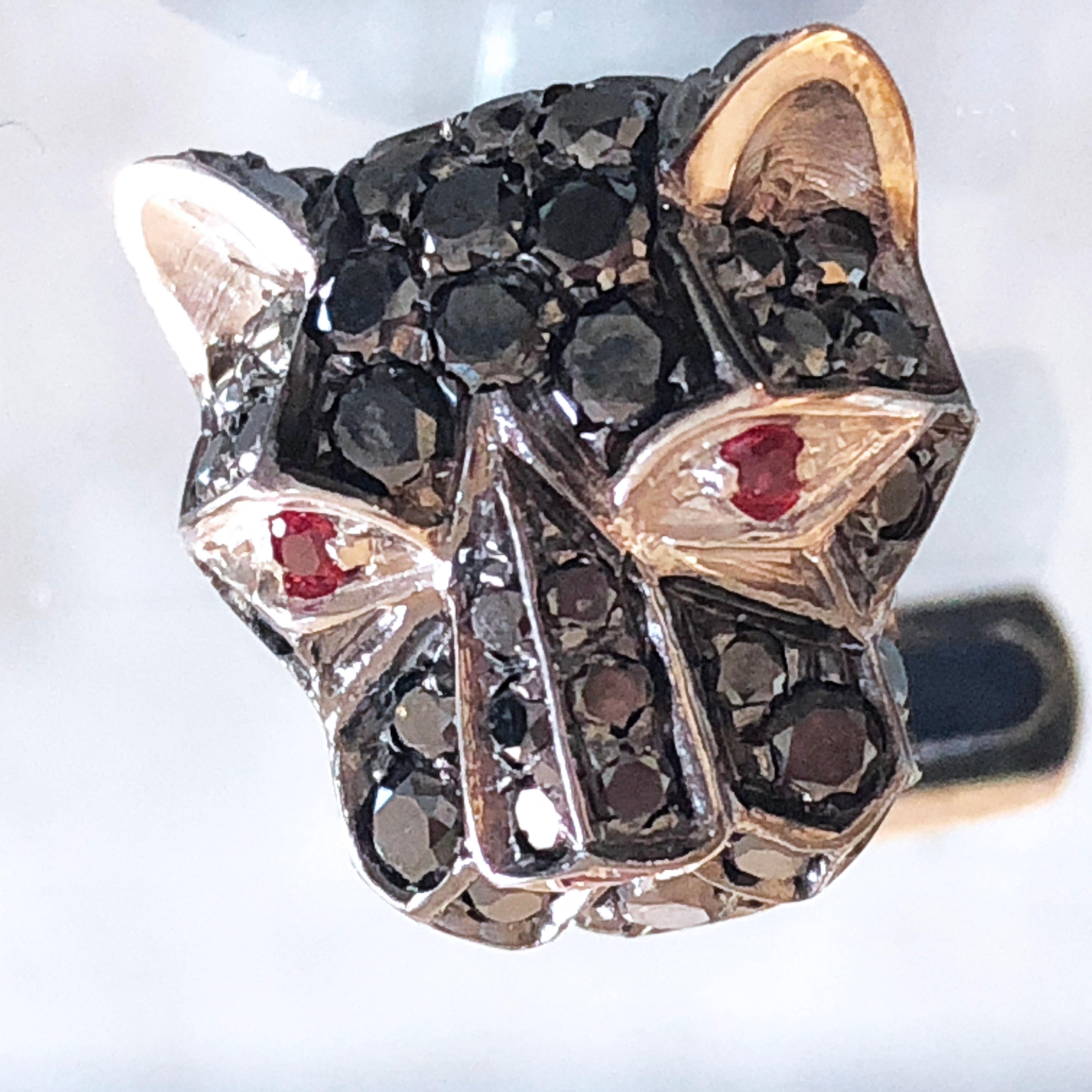Awesome, Unique yet Timeless and Absolutely Chic 3.96 Carat Natural Black Diamond, 0.23 Carat Round Ruby Eyes and Nose, Cougar Head Shaped T-Bar Back White Gold Cufflinks.
In our new smart fitted whiskey brown leather case and pouch.


