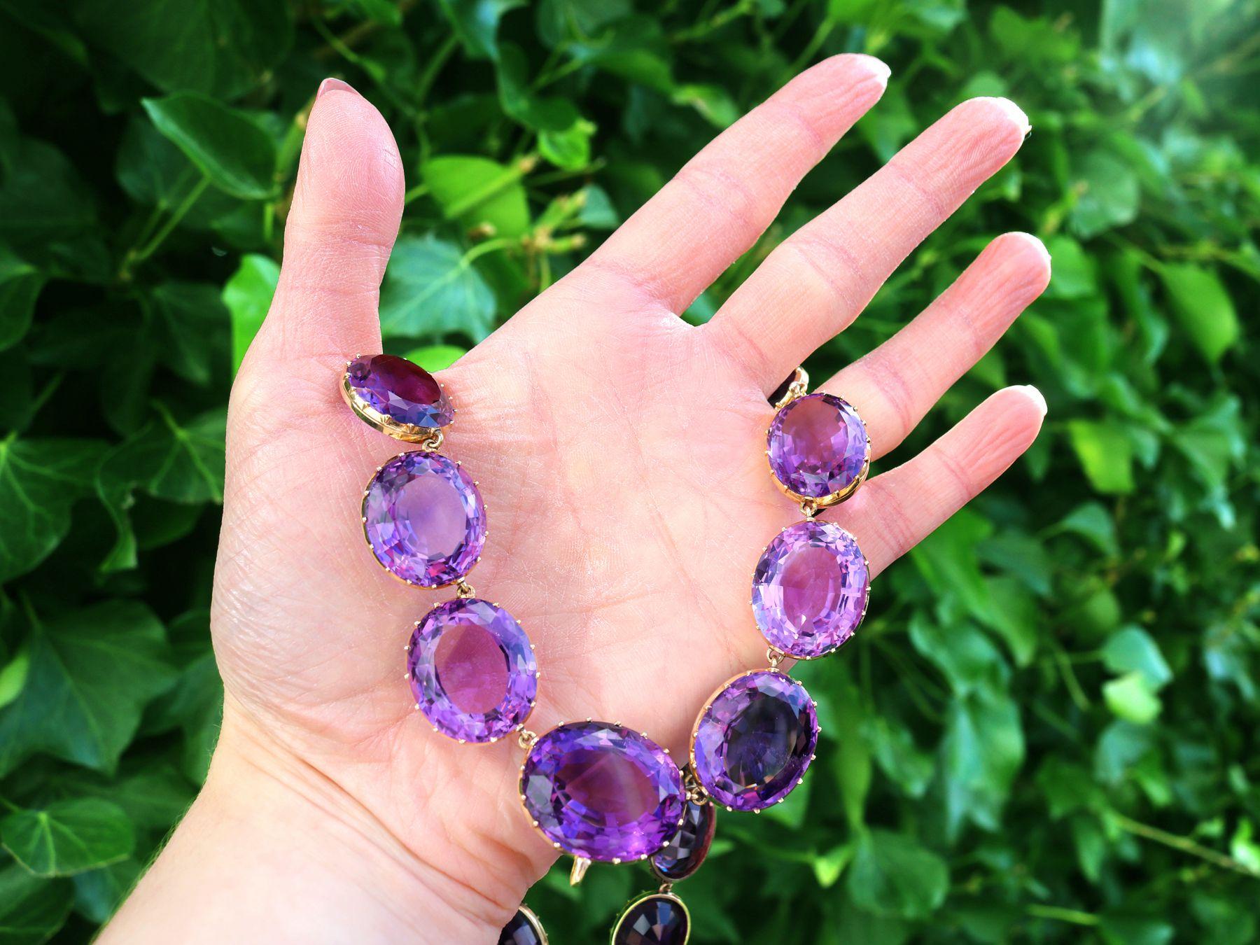 A stunning, fine and impressive antique Victorian 396.09 carat amethyst and 14 karat yellow gold riviere collarette necklace; part of our diverse antique jewelry collections.

This stunning antique amethyst necklace has been crafted in 14k yellow