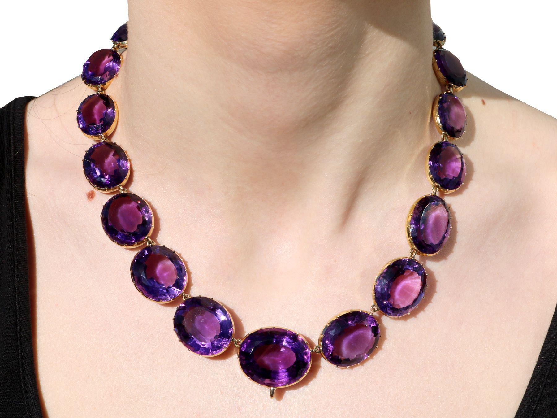 Oval Cut Antique 396.09 Carat Amethyst and 14K Yellow Gold Riviere / Collarette Necklace For Sale