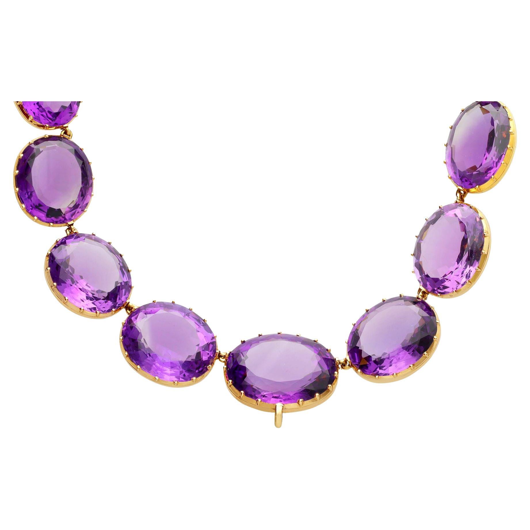Antique 396.09 Carat Amethyst and 14K Yellow Gold Riviere / Collarette Necklace