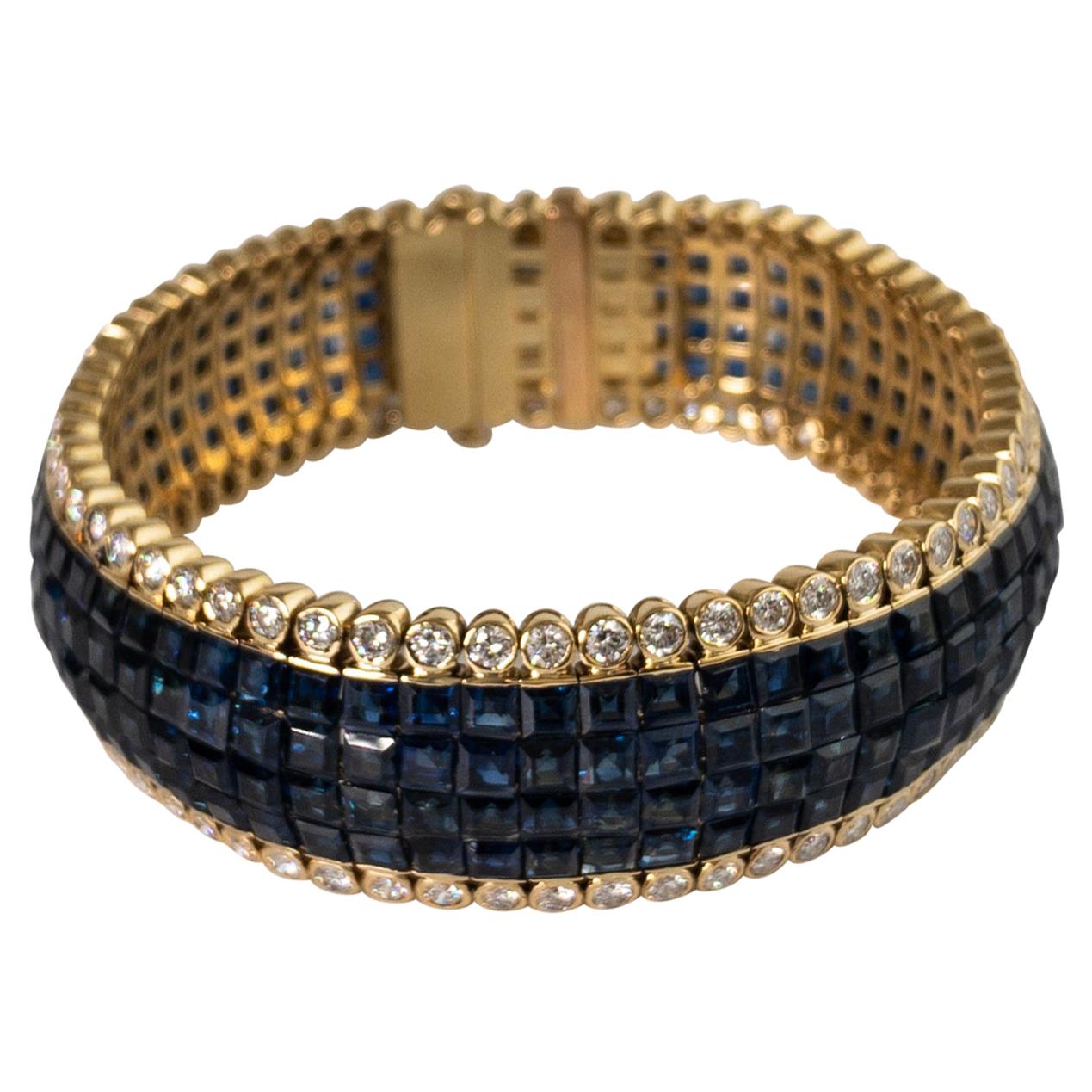 39.62 Carat Blue Sapphire and 6.2 Carat Diamond Bracelet in 18 Karat Yellow Gold