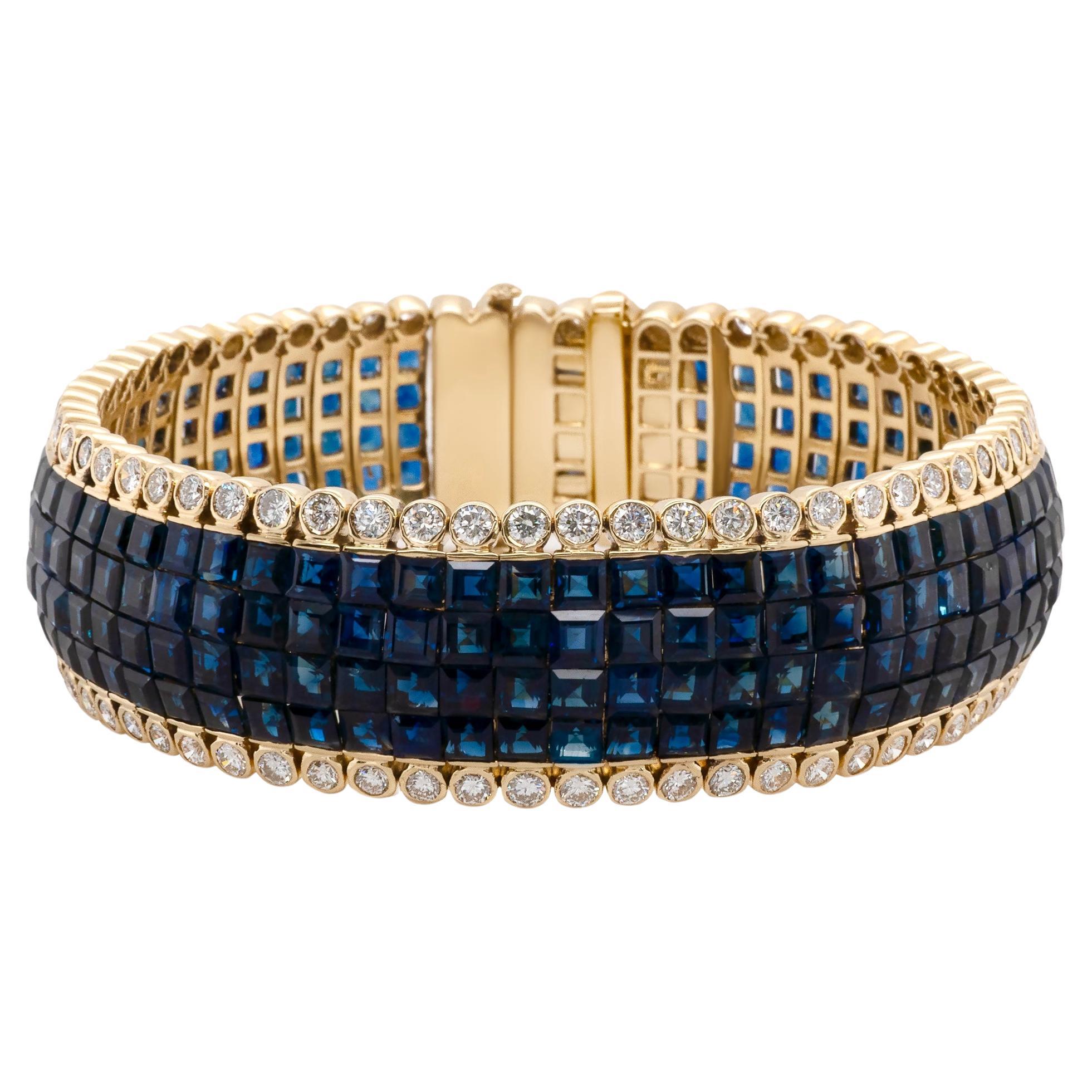 39.62 Carat Blue Sapphire and 6.2 Carat Diamond Bracelet in 18 Karat Yellow Gold For Sale