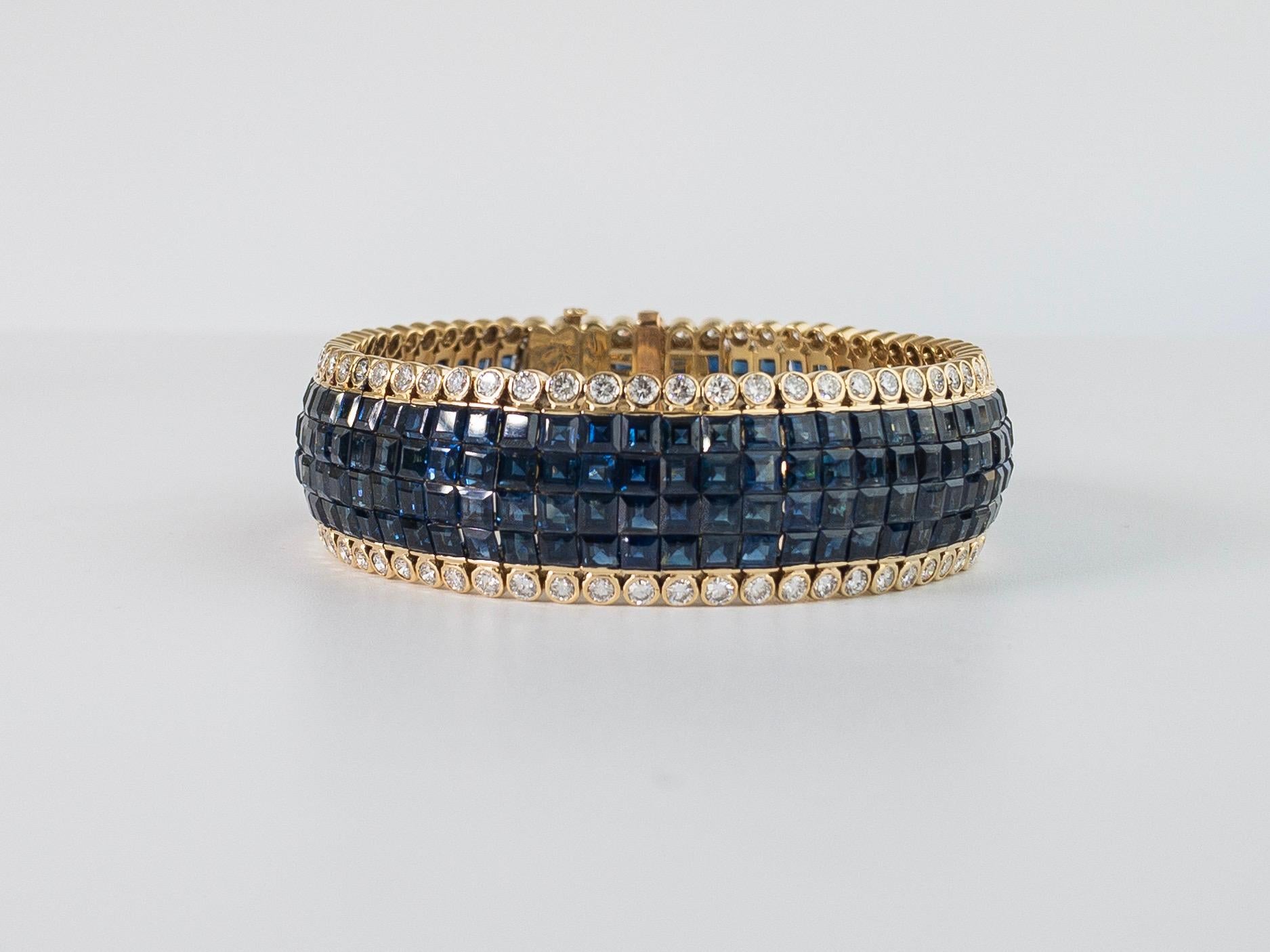 Princess Cut 39.62 Carat Blue Sapphire and 6.2 Carat Diamond Bracelet in 18 Karat Yellow Gold For Sale
