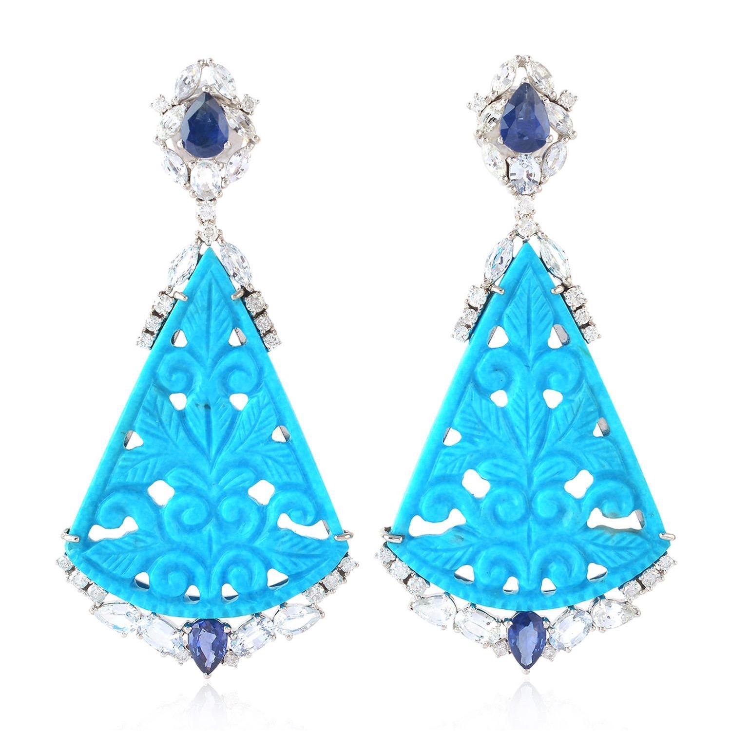 Pendientes de oro de 18 quilates con diamantes turquesa tallada de 39,63 quilates Corte mixto en venta