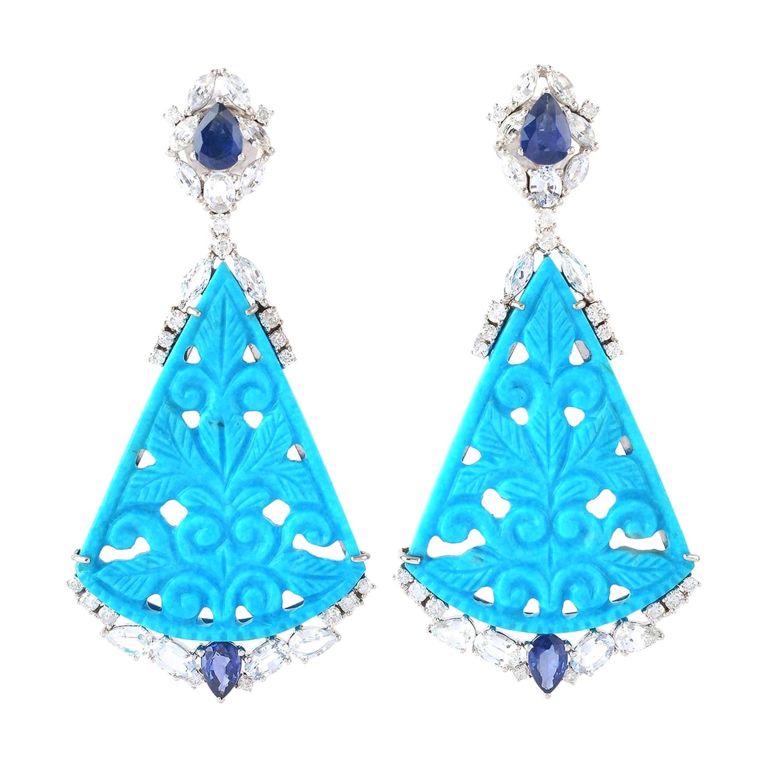 39.63 Carat Carved Turquoise Diamond 18 Karat Gold Earrings