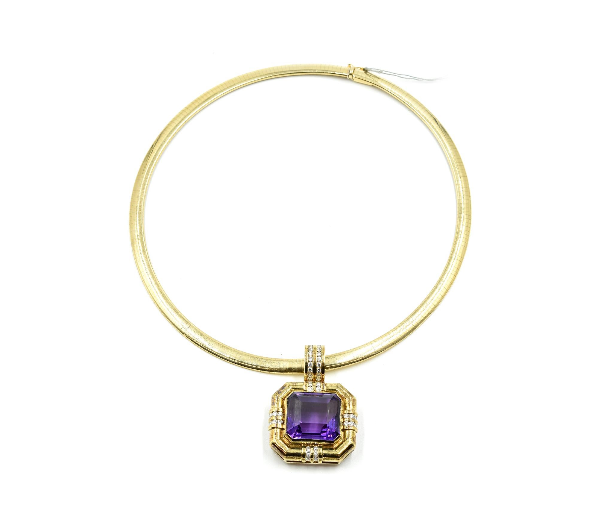 Designer: “LANG”
Material: 14k yellow gold
Amethyst: 39.67 carat amethyst gemstone
Diamonds: 42 round brilliant cut diamonds = 1.68 carat total weight
Dimensions: pendant measures 3/4-inches long and 1 1/4-inches wide
Weight: 23.00 grams
