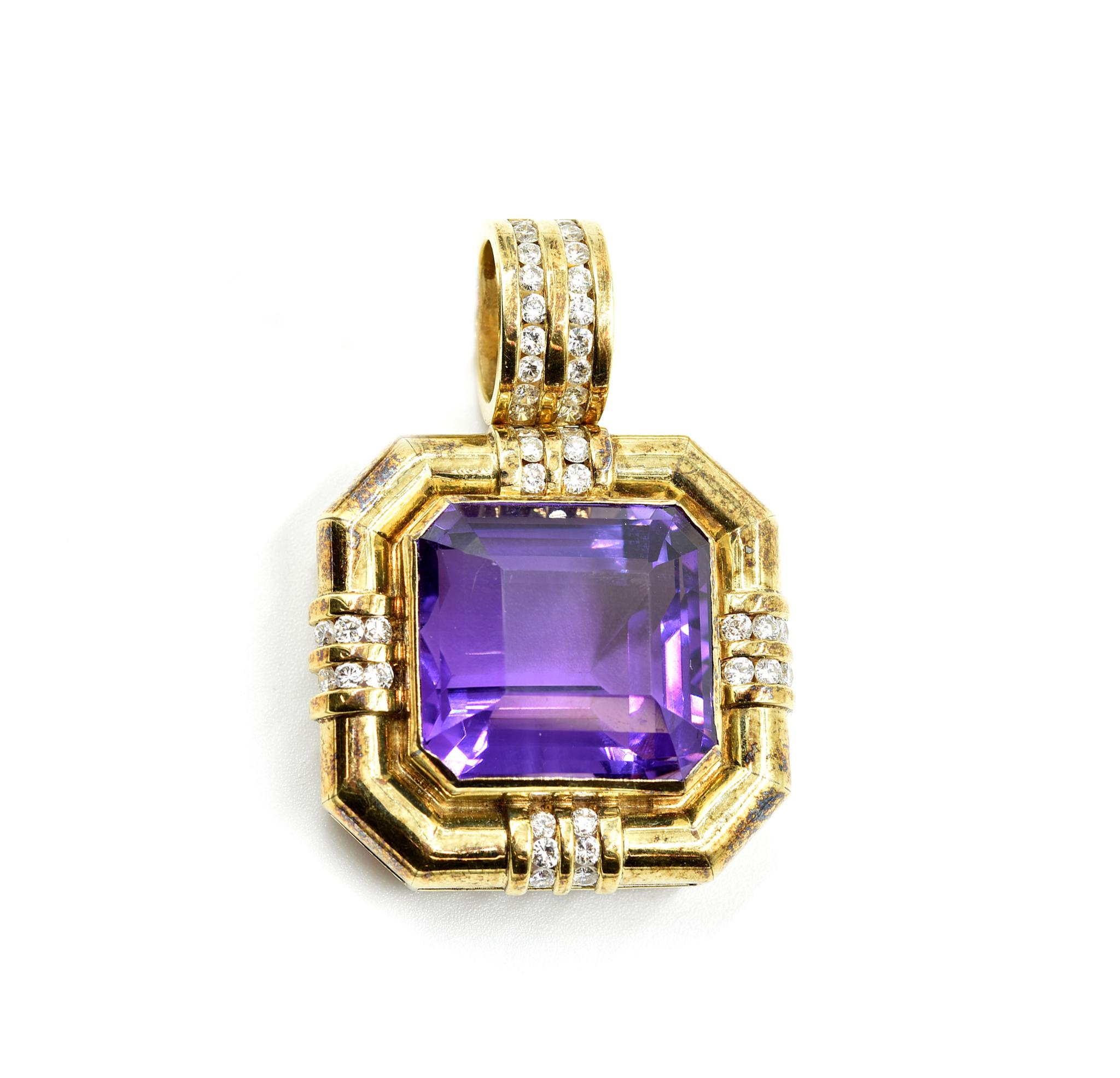 Women's or Men's 39.67 Carat Amethyst and Diamond Pendant 14 Karat Yellow Gold