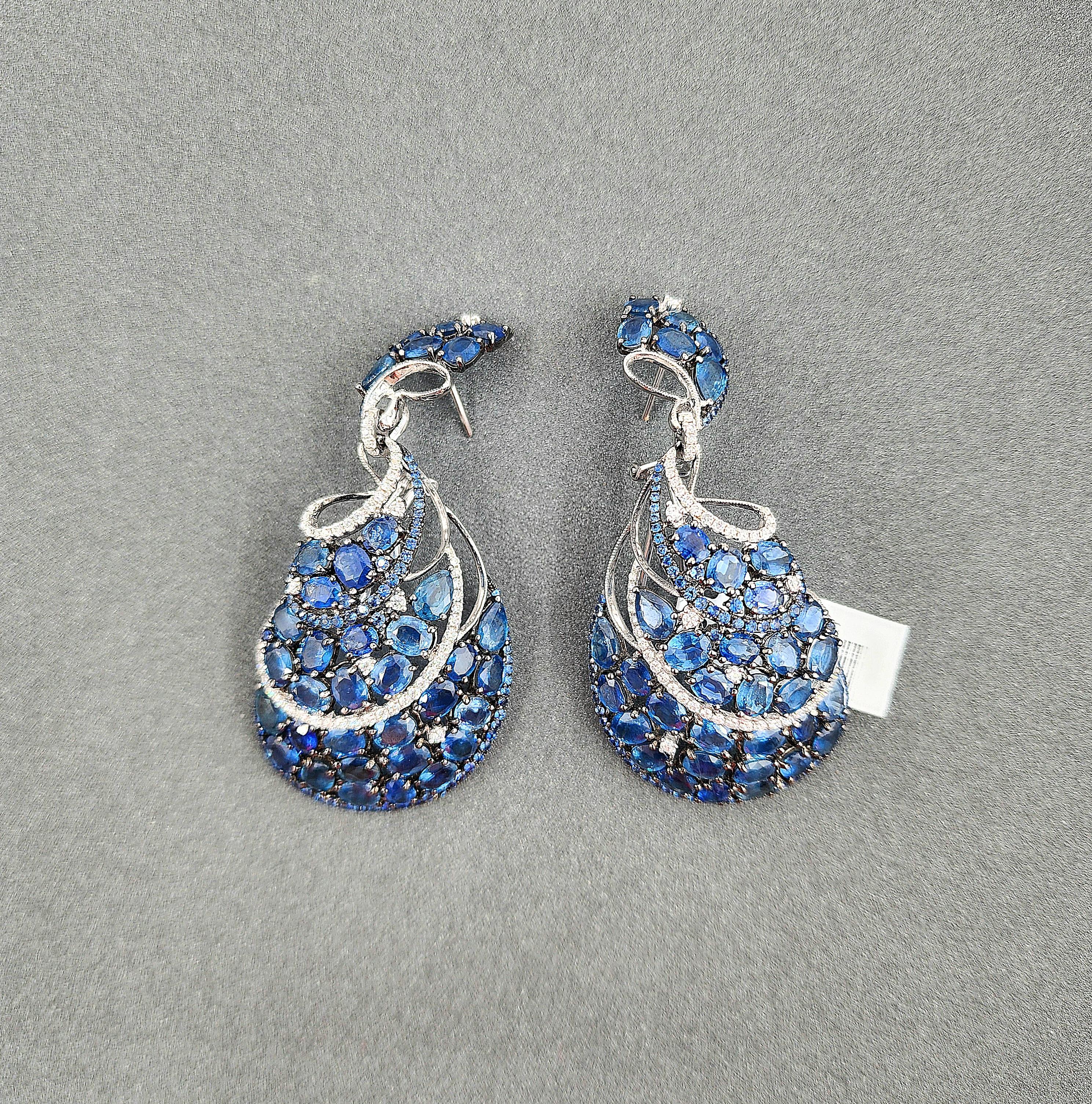 39.67 ct Natural Sapphire & Diamond Dangle Earrings