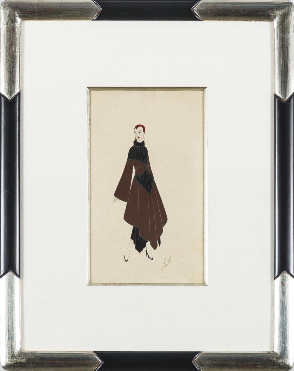 Wahrscheinlich ein Kleidungsentwurf für Henri Bendel oder B. Altman, ist Untitled Fashion Design von 1919 ein ikonischer früher Entwurf von Erté. Verso befinden sich Ertés stilisierter Namensstempel der Villa Excelsior und der Stempel 
