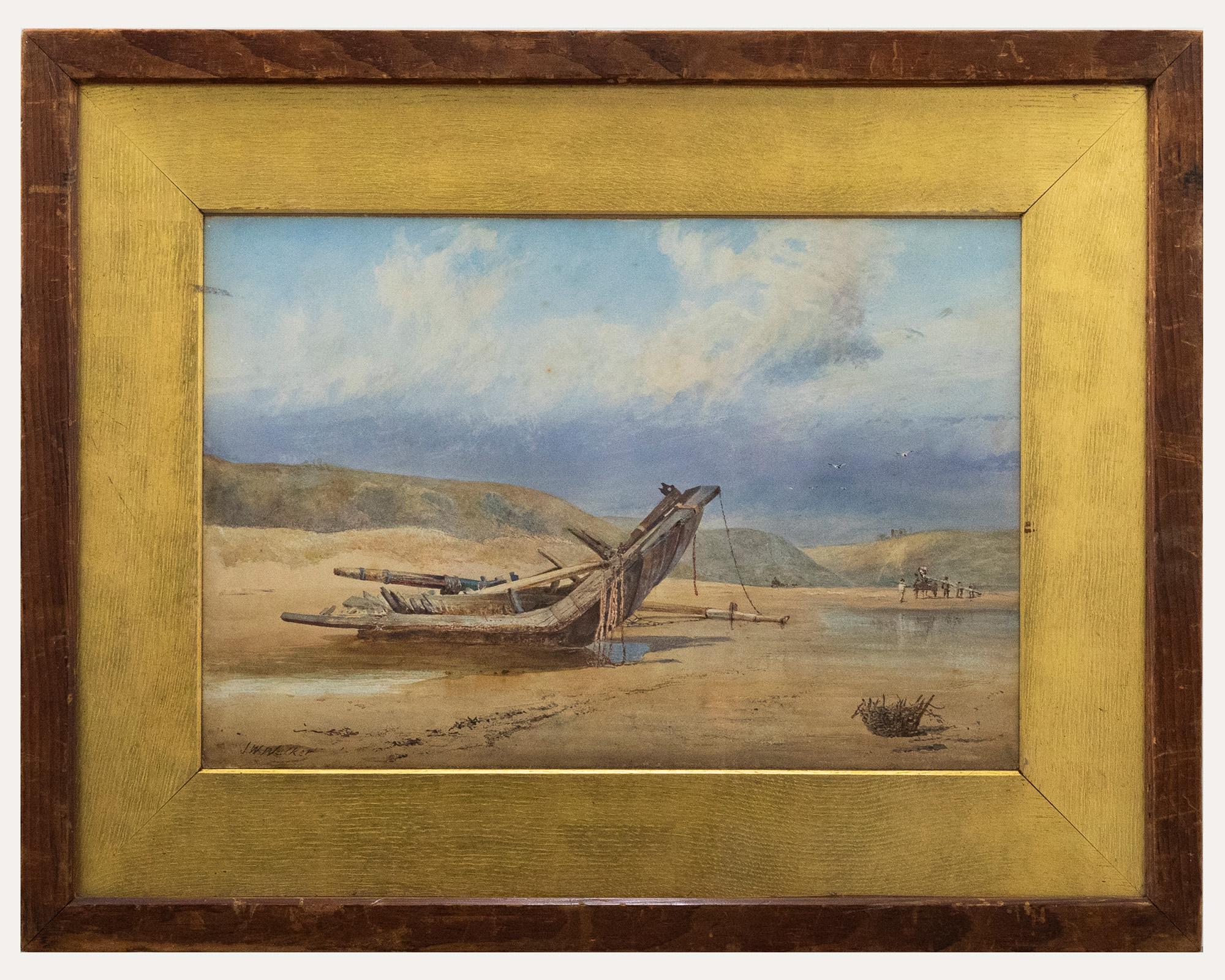Unknown Figurative Art - Framed Late 19th Century Watercolour - Wreckage at Low Tide
