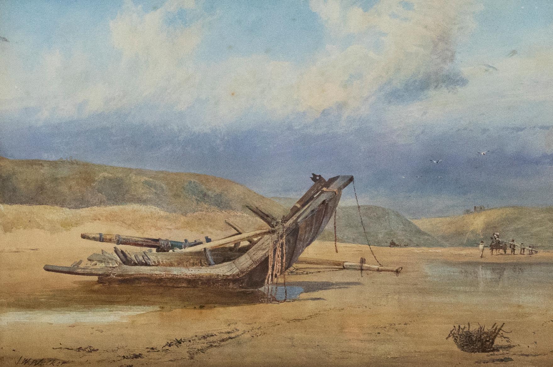 Framed Late 19th Century Watercolour - Wreckage at Low Tide - Art by Unknown