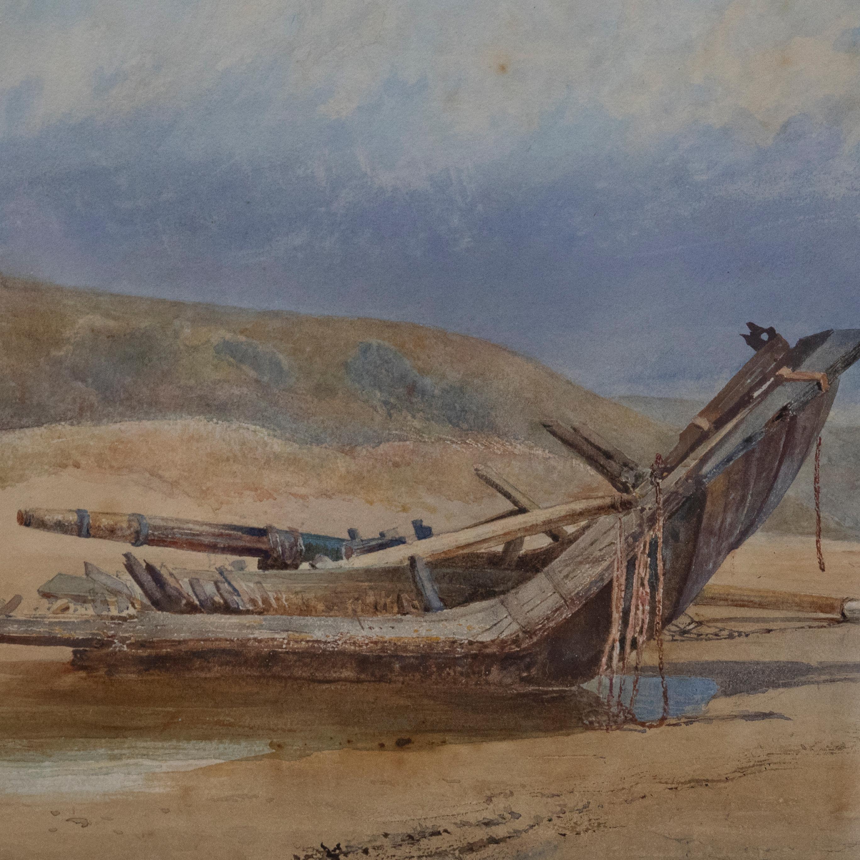 Framed Late 19th Century Watercolour - Wreckage at Low Tide For Sale 1