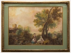 Gerahmtes Aquarell aus dem 18. Jahrhundert – Figuren in einer pastoralen Landschaft