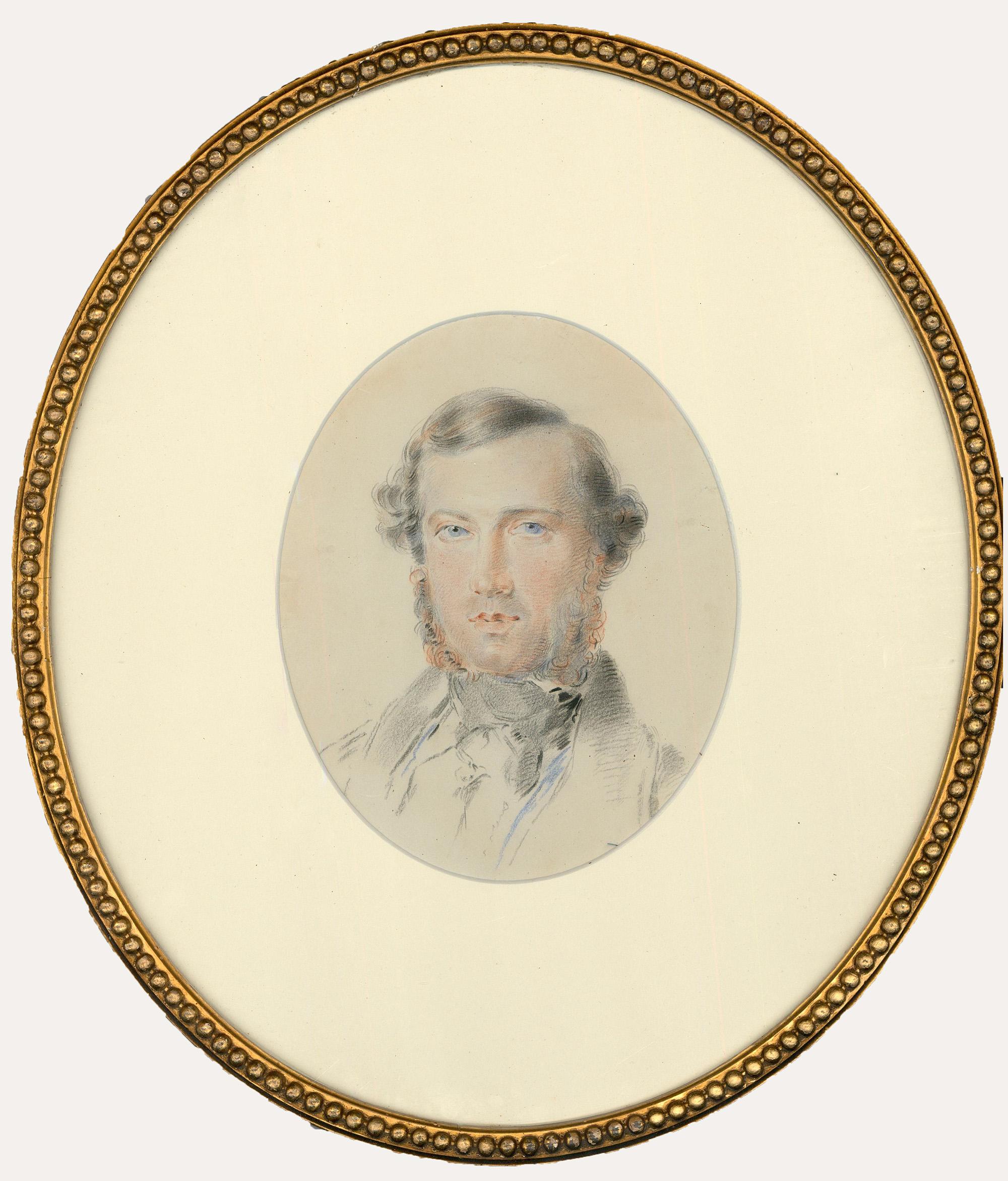 Unknown Portrait – Schöner farbiger Bleistift des 19. Jahrhunderts – Porträt eines Gentleman