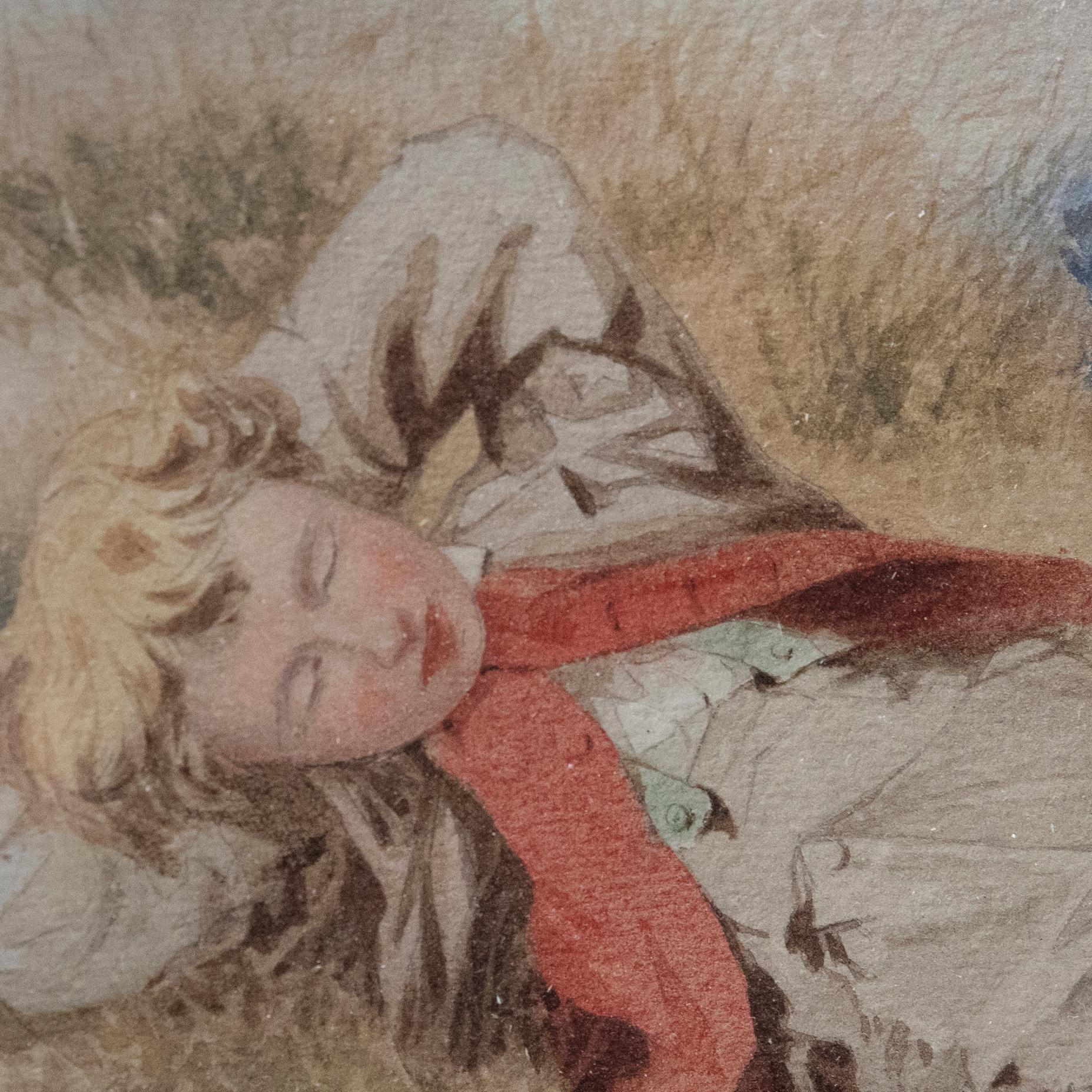A charming watercolour scene depicting a sleeping boy on the verge of a lake. Unsigned. Well presented in an oval frame with a beaded running pattern and acanthus details. On paper.